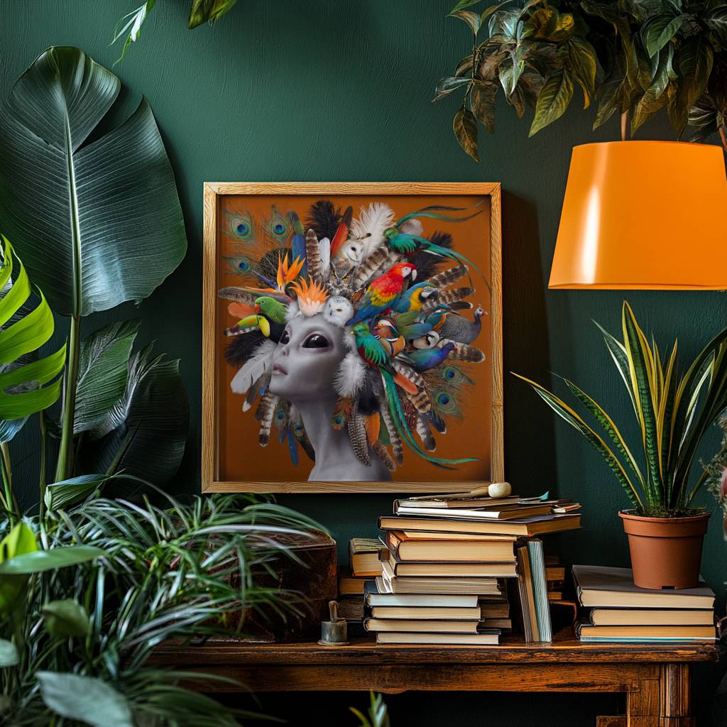 Striking colourful surreal portrait of a grey alien with calm dark eyes wearing an extraordinary crown of exotic birds — scarlet macaw, toucan, barn owl and quetzal — with peacock and tropical feathers cascading against a warm burnt orange background — bold and joyful alien bird wall art – unframed vibrant alien bird portrait poster, ufoposter.com