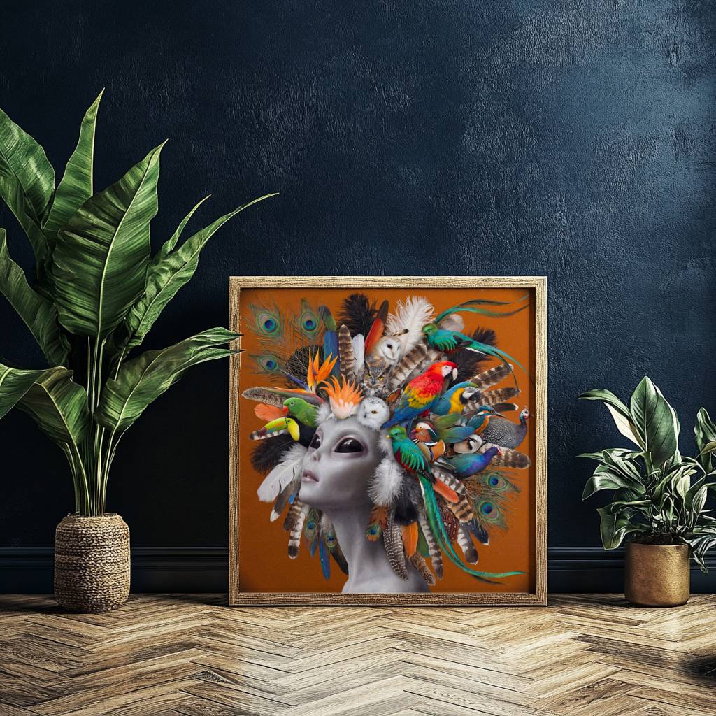 Bold vibrant surreal portrait of a grey alien gazing upward with calm dark eyes, her head crowned with an extraordinary gathering of exotic birds — scarlet macaw, toucan, barn owl, mandarin duck, kingfisher and quetzal — with peacock and tropical feathers cascading against a warm burnt orange background – unframed colourful alien bird wall poster, ufoposter.com