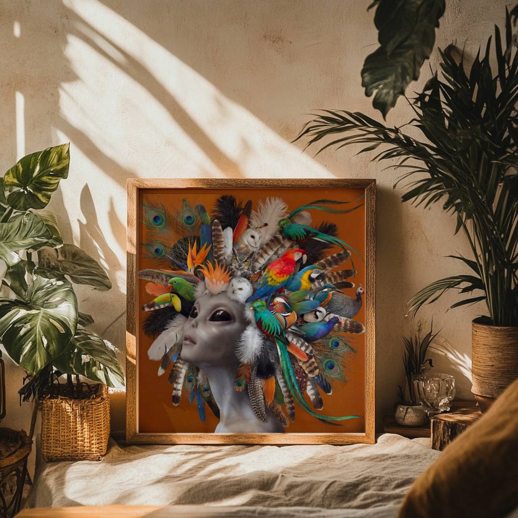 Vivid surreal portrait of a grey alien crowned with a spectacular living headdress of exotic birds — scarlet macaw, toucan, barn owl, mandarin duck, kingfisher, quetzal and peacock — peacock feathers and tropical plumage cascading in every direction against a warm burnt orange background – unframed surreal alien bird art poster, ufoposter.com