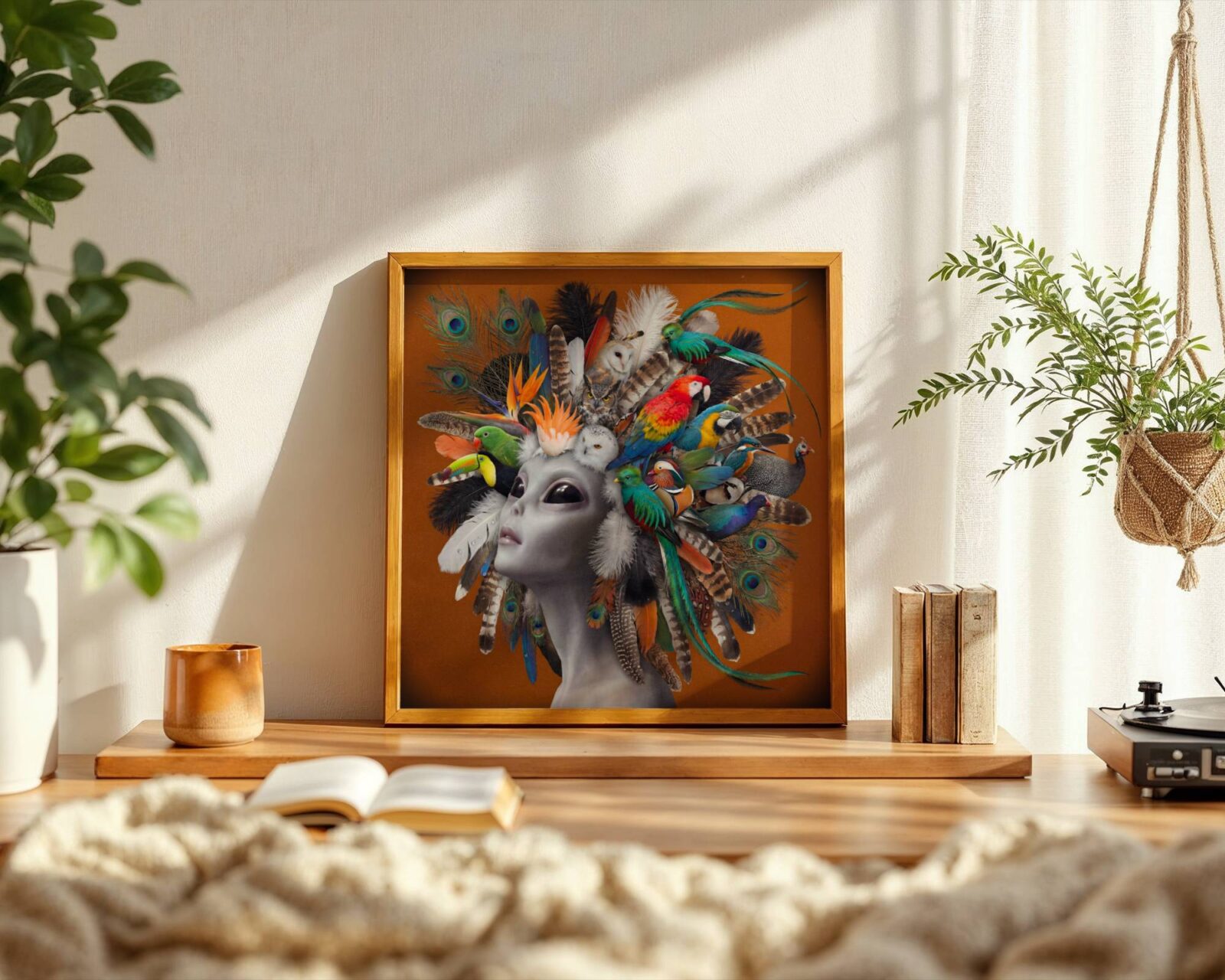 Vivid and spectacular surreal portrait of a grey alien crowned with an extraordinary gathering of exotic birds — scarlet macaw, toucan, barn owl, mandarin duck, kingfisher and quetzal — peacock feathers and tropical plumage cascading against warm burnt orange — a bold and distinctive bird wall art print – unframed bold surreal alien nature poster, ufoposter.com
