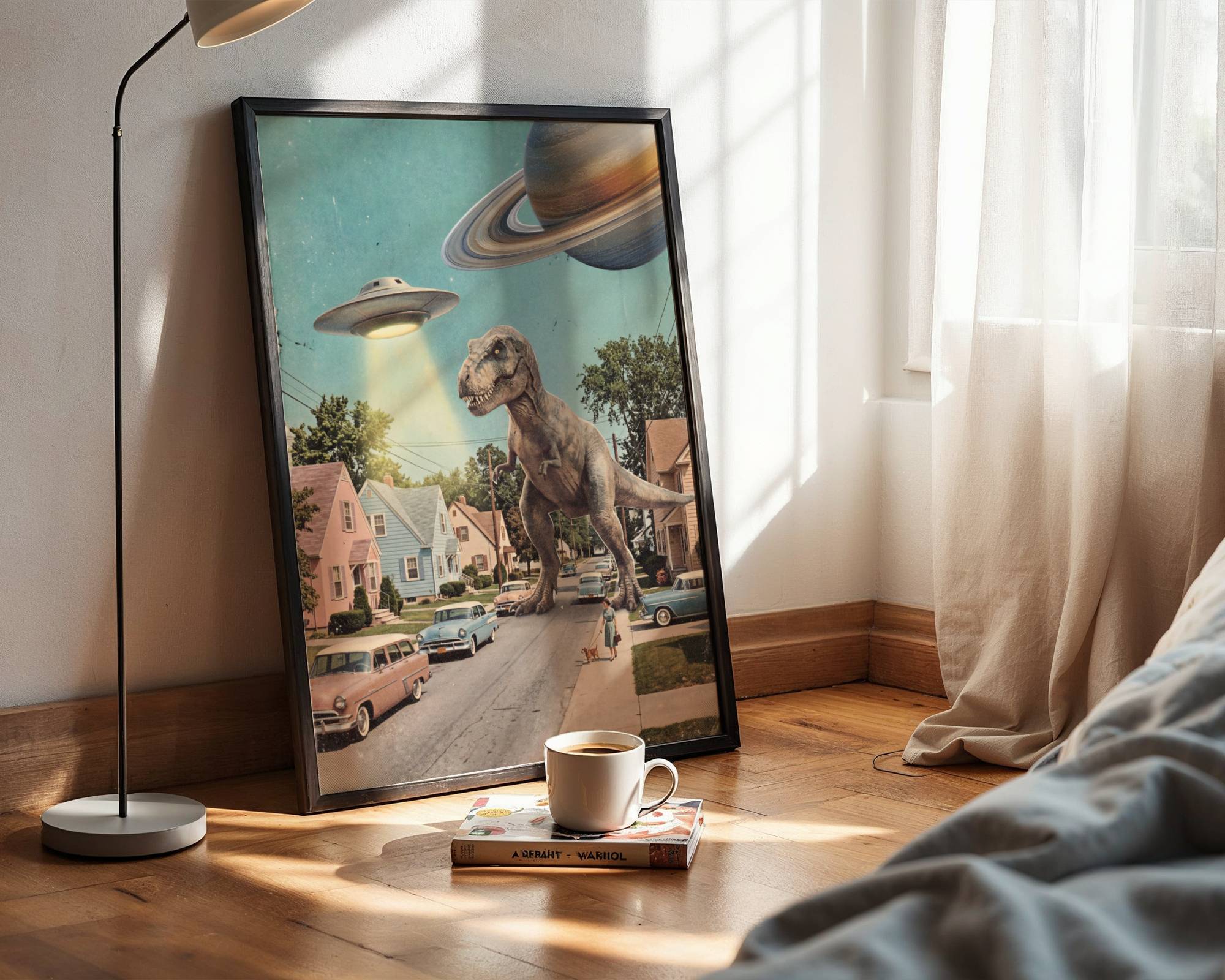 Bright pastel retro collage of a T-Rex on a 1950s suburban street with a UFO overhead and Saturn in the sky — a colourful, funny and joyful retro wall art print that brings bold personality and humour to bedroom decor – unframed funny retro bedroom poster, ufoposter.com