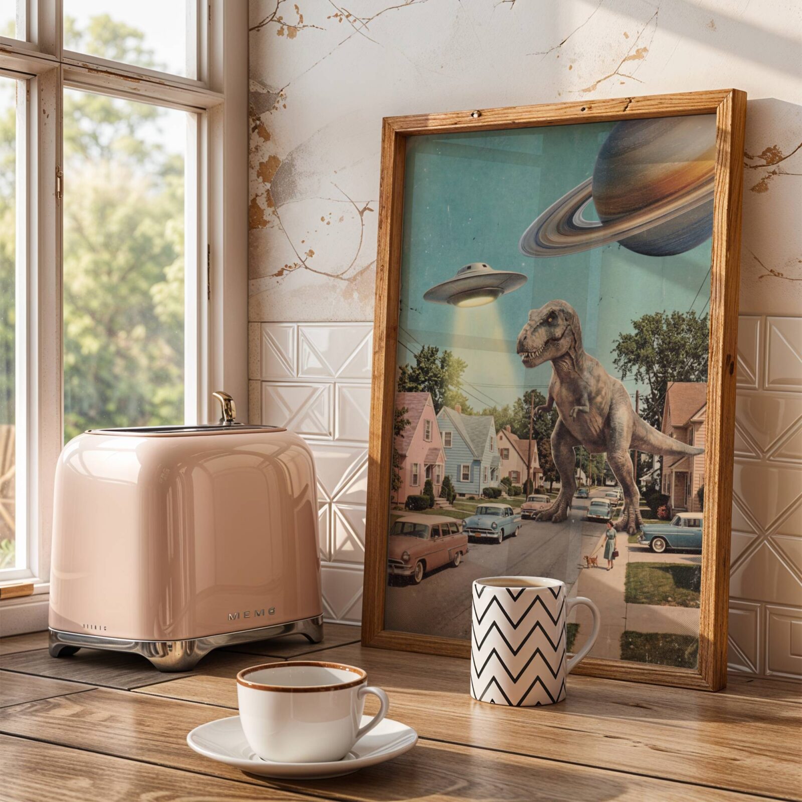 Colourful pastel retro vintage collage of a giant T-Rex on a quiet 1950s American street lined with pastel houses and vintage cars, a UFO hovering with its beam lit and Saturn filling the top corner — bold funny kitchen wall decor – unframed vintage collage kitchen poster, ufoposter.com