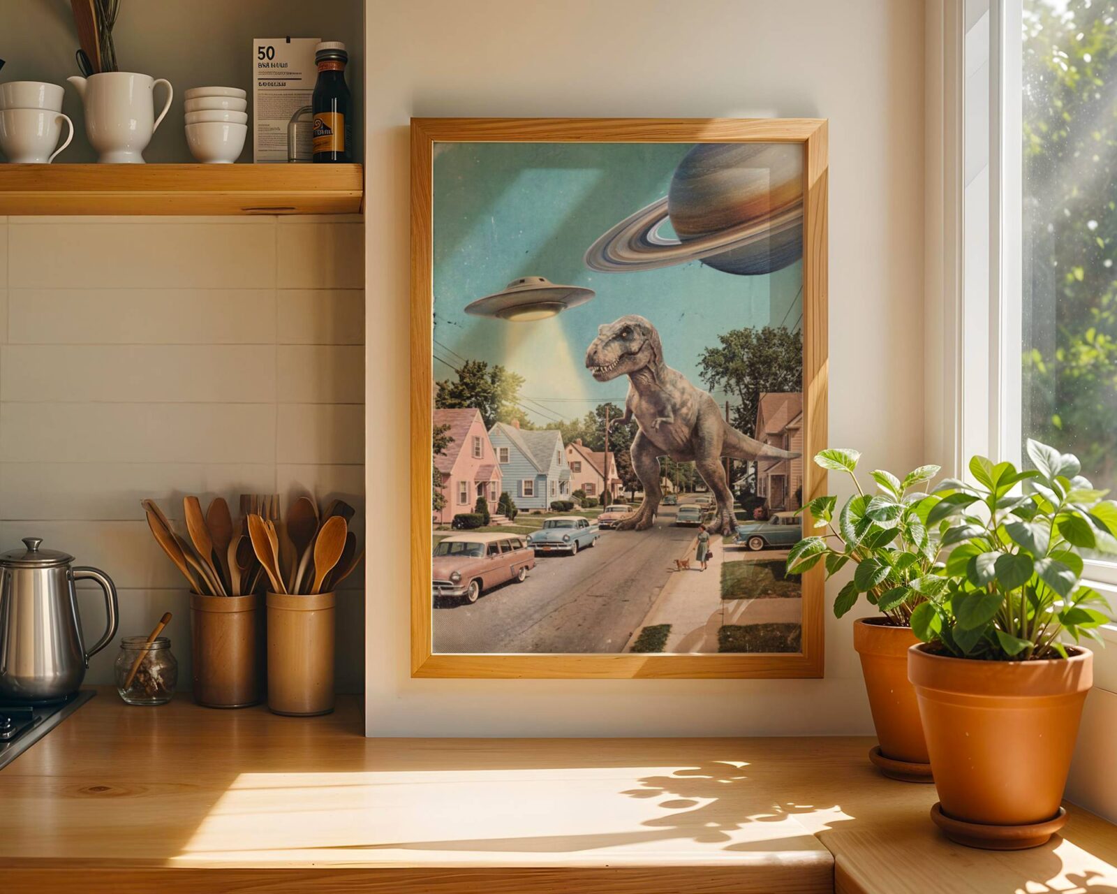 Bright and bold vintage collage of a colossal T-Rex striding past pastel suburban houses and vintage cars as a UFO hovers above and a woman calmly walks her dog on the pavement — hilarious funny kitchen poster – unframed retro UFO kitchen poster, ufoposter.com