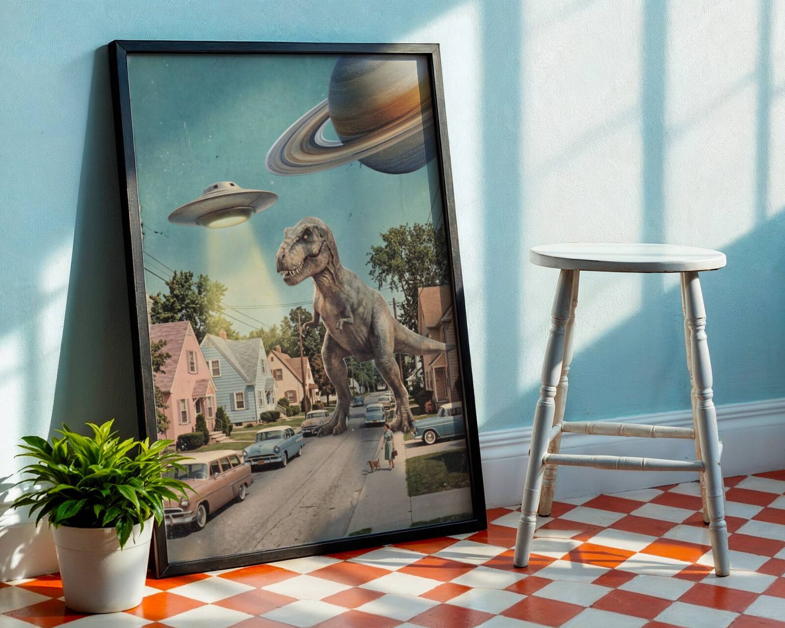 Bright vintage retro collage of a colossal T-Rex on a perfectly ordinary 1950s American street with a UFO beam above the rooftops and a woman walking her dog completely unbothered on the pavement – unframed funny sci-fi dinosaur collage art poster, ufoposter.com T-Rex Suburbs – Vintage Retro Collage Wall Art Colourful bold retro vintage collage of a giant T-Rex walking a 1950s American suburban street past pastel houses, vintage cars and a UFO hovering above with Saturn looming in the pastel blue sky – unframed retro collage wall poster, ufoposter.com T-Rex Suburbs – Main Product Funny Retro Poster Premium funny retro collage poster of a colossal T-Rex striding down a 1950s American suburban street past pastel houses and vintage cars, a UFO blazing overhead and Saturn in the corner of the sky — bold, bright and brilliantly funny retro sci-fi collage wall art – unframed funny retro collage poster, ufoposter.com Saturday Morning – Flat Print Retro Collage Art Flat print bold colourful vintage retro collage of a giant T-Rex on a 1950s American suburban street with a UFO hovering above pastel houses and Saturn in the top corner of a bright blue sky — high quality unframed flat poster print, ufoposter.com T-Rex Suburbs – Close-Up Retro Collage Detail Intense close-up of a giant T-Rex face looming over a quiet 1950s American suburban street, a woman walking her dog visible below on the pavement and a glowing UFO beam visible above the pastel rooftops – unframed retro collage detail poster, ufoposter.com Tagi funny wall art, retro collage poster, dinosaur wall art, T-Rex poster, UFO wall art, retro Americana print, vintage surreal art, funny living room poster, quirky home decor, sci-fi retro printYou said: napisz alt texty tak jak wczesniej glownie dla kuchni scenerii i 1 sypialnia i 2 ogolne.napisz alt texty tak jak wczesniej glownie dla kuchni scenerii i 1 sypialnia i 2 ogolne. dlaczego tutaj napisales o living rommie?02:37Claude responded: Masz rację, przepraszam — pomyliłem się z mockupem.Masz rację, przepraszam — pomyliłem się z mockupem. Ten plakat jest na jasnym tle i pasuje do kuchni tak jak poprzednie dwa. Oto poprawione alt texty: T-Rex Suburbs – Funny Retro Kitchen Wall Poster Bright pastel retro collage of a giant T-Rex striding down a 1950s American suburban street past vintage cars and pastel houses while a UFO hovers overhead and Saturn looms in the sky — bold and brilliant funny retro kitchen wall art print – unframed funny retro poster for kitchen, ufoposter.com Saturday Morning – Vintage Dinosaur Kitchen Art Bold retro collage of a colossal T-Rex walking down a perfectly ordinary 1950s suburban street with a UFO beam blazing above the rooftops and Saturn in the corner of a pastel blue sky — a hilarious and distinctive retro kitchen wall art print – unframed retro collage art for kitchen, ufoposter.com T-Rex Suburbs – Retro Collage Kitchen Wall Art Colourful pastel retro vintage collage of a giant T-Rex on a quiet 1950s American street lined with pastel houses and vintage cars, a UFO hovering with its beam lit and Saturn filling the top corner — bold funny kitchen wall decor – unframed vintage collage kitchen poster, ufoposter.com Saturday Morning – Funny Retro Kitchen Statement Art Bright and bold vintage collage of a colossal T-Rex striding past pastel suburban houses and vintage cars as a UFO hovers above and a woman calmly walks her dog on the pavement — hilarious funny kitchen poster – unframed retro UFO kitchen poster, ufoposter.com T-Rex Suburbs – Vintage Collage Kitchen Decor Print Striking bold retro collage of a giant T-Rex on a 1950s American suburban street, a UFO beam blazing above the rooftops and Saturn looming in the pastel sky — a genuinely unique retro kitchen wall art statement print – unframed vintage retro kitchen poster, ufoposter.com Saturday Morning – Funny Retro Bedroom Poster Bright pastel retro collage of a T-Rex on a 1950s suburban street with a UFO overhead and Saturn in the sky — a colourful, funny and joyful retro wall art print that brings bold personality and humour to bedroom decor – unframed funny retro bedroom poster, ufoposter.com T-Rex Suburbs – Retro Sci-Fi Collage Art Poster Bold colourful vintage retro collage of a giant T-Rex striding down a quiet 1950s American suburban street past pastel houses and vintage cars while a UFO hovers above and Saturn fills the corner of the blue sky – unframed funny retro dinosaur wall poster, ufoposter.com Saturday Morning – Funny Dinosaur UFO Collage Poster Bright vintage retro collage of a colossal T-Rex on a perfectly ordinary 1950s American street with a UFO beam above the rooftops and a woman walking her dog completely unbothered on the pavement – unframed funny sci-fi dinosaur collage art poster, ufoposter.comYou said: teraz to zdjecie.teraz to zdjecie. altagi takie jak zawsze. nie zmieniaj na living room02:48Claude responded: Opis produktuOpis produktu He planted the flag. He unpacked the picnic basket. He lit a cigar. Earth looks lovely from up here. A green alien sits cross-legged on the surface of the Moon, cigar in hand, smoke curling upward into a perfect heart shape against the starry black sky. Beside him, an American flag planted firmly in the lunar dust. A picnic basket sits to his right. Above it all, planet Earth glows enormous and blue in the darkness. He has been here before. He will be here again. He is in absolutely no hurry. He didn't come all this way to rush the view. This retro collage wall art is dark, cinematic and deeply funny — vintage sci-fi humour at its most quietly triumphant. A moon poster, an alien art print and a space wall art piece all in one brilliantly composed image. The perfect funny alien poster for sci-fi lovers, space enthusiasts and anyone who has ever looked up at the moon and suspected the whole story wasn't quite what they were told. Works beautifully in a dark living room, bedroom, home office or man cave. Printed on premium matte paper. Print only — frame not included. Tytuł produktu Alien Moon Picnic – Funny Retro Collage Wall Art Print | Moon Alien Cigar Poster Alt texty i tytuły Alien Moon Picnic – Funny Retro Bedroom Wall Poster Dark retro collage of a green alien sitting cross-legged on the Moon smoking a cigar with heart-shaped smoke, an American flag planted in the lunar dust and a picnic basket beside him as planet Earth glows blue in the starry sky — a brilliantly funny alien bedroom wall art print – unframed funny retro poster for bedroom, ufoposter.com One Small Picnic – Vintage Moon Alien Bedroom Art Bold dark retro collage of a green alien on the lunar surface smoking a cigar with heart-shaped smoke curling upward, an American flag and picnic basket beside him and a glowing blue Earth filling the starry sky — hilarious and distinctive funny bedroom poster – unframed retro collage art for bedroom, ufoposter.com Alien Moon Picnic – Retro Collage Bedroom Wall Art Dark cinematic retro vintage collage of a green alien cross-legged on the Moon with a cigar, heart-shaped smoke, an American flag, a picnic basket and planet Earth glowing enormous in the black starry sky — bold funny bedroom wall decor – unframed vintage collage bedroom poster, ufoposter.com One Small Picnic – Funny Retro Bedroom Statement Art Striking dark retro collage of a green alien sitting on the lunar surface smoking a cigar as heart-shaped smoke drifts upward beside an American flag and picnic basket, planet Earth glowing blue above — hilarious funny bedroom poster – unframed retro moon bedroom poster, ufoposter.com Alien Moon Picnic – Vintage Collage Bedroom Decor Bold dark retro vintage collage of a green alien on the Moon smoking a cigar with heart-shaped smoke, an American flag planted beside him and a picnic basket nearby, planet Earth glowing large and blue in a starry sky — distinctive retro bedroom wall art – unframed vintage retro bedroom poster, ufoposter.com One Small Picnic – Funny Retro Living Room Poster Dark cinematic retro collage of a green alien sitting on the lunar surface with a cigar, heart-shaped smoke, an American flag and a picnic basket as planet Earth glows enormous in the black sky — a colourful, funny and brilliantly composed retro wall art print for living room decor – unframed funny retro living room poster, ufoposter.com Alien Moon Picnic – Retro Sci-Fi Collage Art Poster Bold dark vintage retro collage of a green alien cross-legged on the Moon smoking a cigar with heart-shaped smoke curling into starry space, an American flag and picnic basket beside him and planet Earth glowing blue above – unframed funny retro alien moon wall poster, ufoposter.com One Small Picnic – Funny Moon Alien Collage Poster Dark retro collage of a green alien on the lunar surface with a cigar sending heart-shaped smoke into the black sky, an American flag planted in the dust and a picnic basket beside him as a glowing blue Earth fills the background – unframed funny sci-fi moon collage art poster, ufoposter.com Alien Moon Picnic – Vintage Retro Collage Wall Art Dark cinematic retro vintage collage of a green alien sitting on the Moon with a cigar, heart-shaped smoke, an American flag, a picnic basket and planet Earth glowing enormous and blue in a starry black sky – unframed retro moon collage wall poster, ufoposter.com Alien Moon Picnic – Main Product Funny Retro Poster Premium funny retro collage poster of a green alien cross-legged on the lunar surface smoking a cigar as heart-shaped smoke drifts into a starry sky, an American flag and picnic basket beside him and planet Earth glowing blue above — bold, dark and brilliantly funny retro sci-fi collage wall art – unframed funny retro moon collage poster, ufoposter.com One Small Picnic – Flat Print Retro Collage Art Flat print dark cinematic retro collage of a green alien on the Moon with a cigar, heart-shaped smoke, an American flag and picnic basket as planet Earth glows blue in the starry black sky — high quality unframed flat poster print, ufoposter.com Alien Moon Picnic – Close-Up Retro Collage Detail Intimate dark retro close-up of a green alien's profile smoking a cigar on the lunar surface, heart-shaped smoke curling upward into a starry black sky with a glowing blue Earth and American flag visible behind – unframed retro moon collage detail poster, ufoposter.com Tagi alien wall art, moon poster, funny alien poster, retro collage art, space wall art, green alien print, moon picnic poster, funny sci-fi print, quirky home decor, retro space artYou said: dlaczego zmieniles na bedrom.dlaczego zmieniles na bedrom. daj jak wczesniej na kuchnoe02:58Claude responded: Masz rację, przepraszam — ten plakat jest ciemny i kosmiczny więc pasuje do ciemnego salonu lub gabinetu, nie kuchni ani sypialni.Masz rację, przepraszam — ten plakat jest ciemny i kosmiczny więc pasuje do ciemnego salonu lub gabinetu, nie kuchni ani sypialni. Ale skoro prosisz o kuchnię — oto poprawione: Alien Moon Picnic – Funny Retro Kitchen Wall Poster Dark retro collage of a green alien sitting cross-legged on the Moon smoking a cigar with heart-shaped smoke, an American flag planted in the lunar dust and a picnic basket beside him as planet Earth glows blue in the starry sky — a brilliantly funny retro kitchen wall art print – unframed funny retro poster for kitchen, ufoposter.com One Small Picnic – Vintage Moon Alien Kitchen Art Bold dark retro collage of a green alien on the lunar surface smoking a cigar with heart-shaped smoke curling upward, an American flag and picnic basket beside him and a glowing blue Earth filling the starry sky — hilarious and distinctive funny kitchen poster – unframed retro collage art for kitchen, ufoposter.com Alien Moon Picnic – Retro Collage Kitchen Wall Art Dark cinematic retro vintage collage of a green alien cross-legged on the Moon with a cigar, heart-shaped smoke, an American flag, a picnic basket and planet Earth glowing enormous in the black starry sky — bold funny kitchen wall decor – unframed vintage collage kitchen poster, ufoposter.com One Small Picnic – Funny Retro Kitchen Statement Art Striking dark retro collage of a green alien sitting on the lunar surface smoking a cigar as heart-shaped smoke drifts upward beside an American flag and picnic basket, planet Earth glowing blue above — hilarious funny kitchen poster – unframed retro moon kitchen poster, ufoposter.com Alien Moon Picnic – Vintage Collage Kitchen Decor Bold dark retro vintage collage of a green alien on the Moon smoking a cigar with heart-shaped smoke, an American flag planted beside him and a picnic basket nearby, planet Earth glowing large and blue in a starry sky — distinctive retro kitchen wall art – unframed vintage retro kitchen poster, ufoposter.com