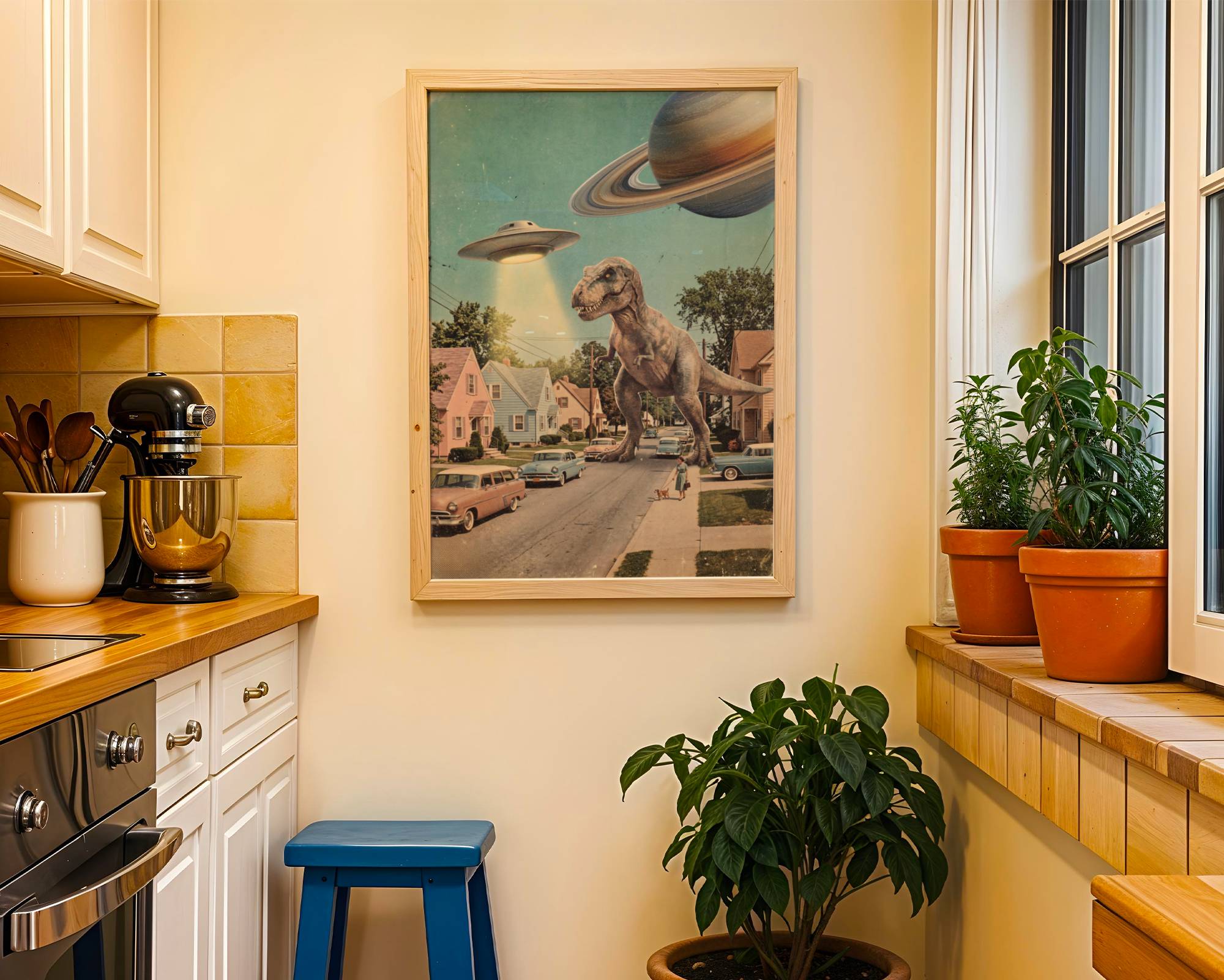 Bright pastel retro collage of a giant T-Rex striding down a 1950s American suburban street past vintage cars and pastel houses while a UFO hovers overhead and Saturn looms in the sky — bold and brilliant funny retro kitchen wall art print – unframed funny retro poster for kitchen, ufoposter.com