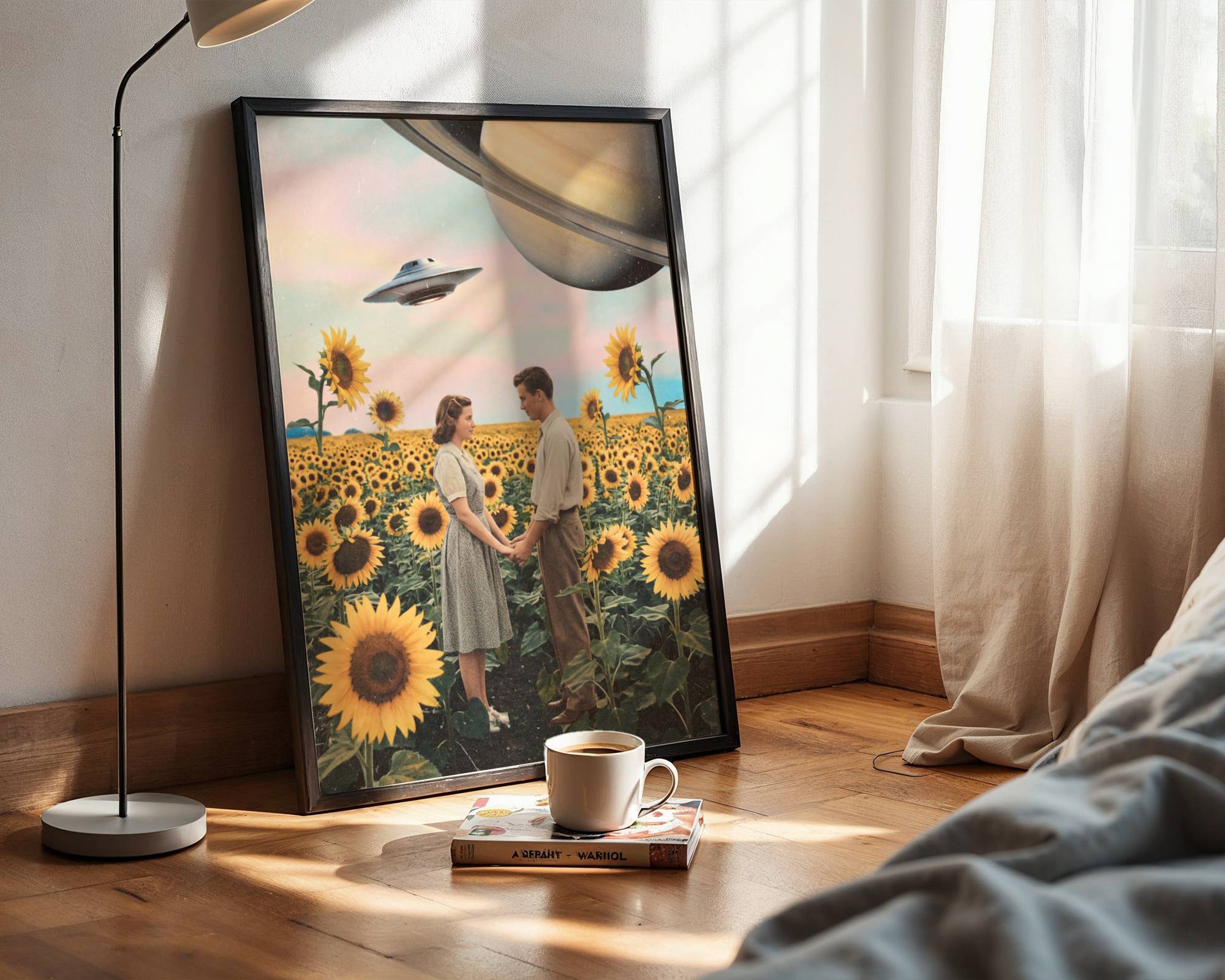 Warm pastel retro vintage collage of a young 1950s couple standing hand in hand in a golden sunflower field beneath a soft pink sky with Saturn filling the corner and a UFO drifting past — distinctive romantic retro bedroom wall art – unframed vintage retro bedroom poster, ufoposter.com