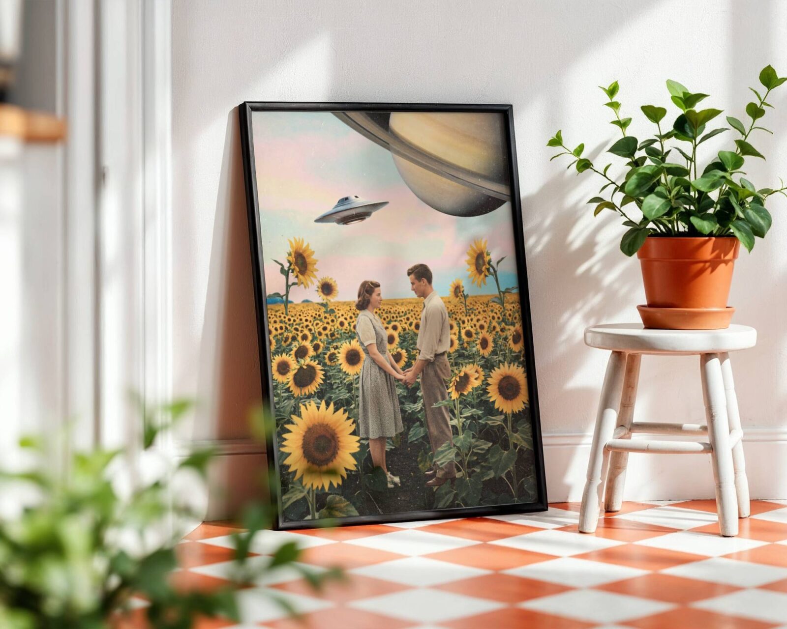 Soft warm vintage retro collage of a 1950s couple gazing at each other in a sunflower field as Saturn looms in a pastel sky and a UFO drifts past completely unnoticed by either of them – unframed funny romantic retro collage art poster, ufoposter.com