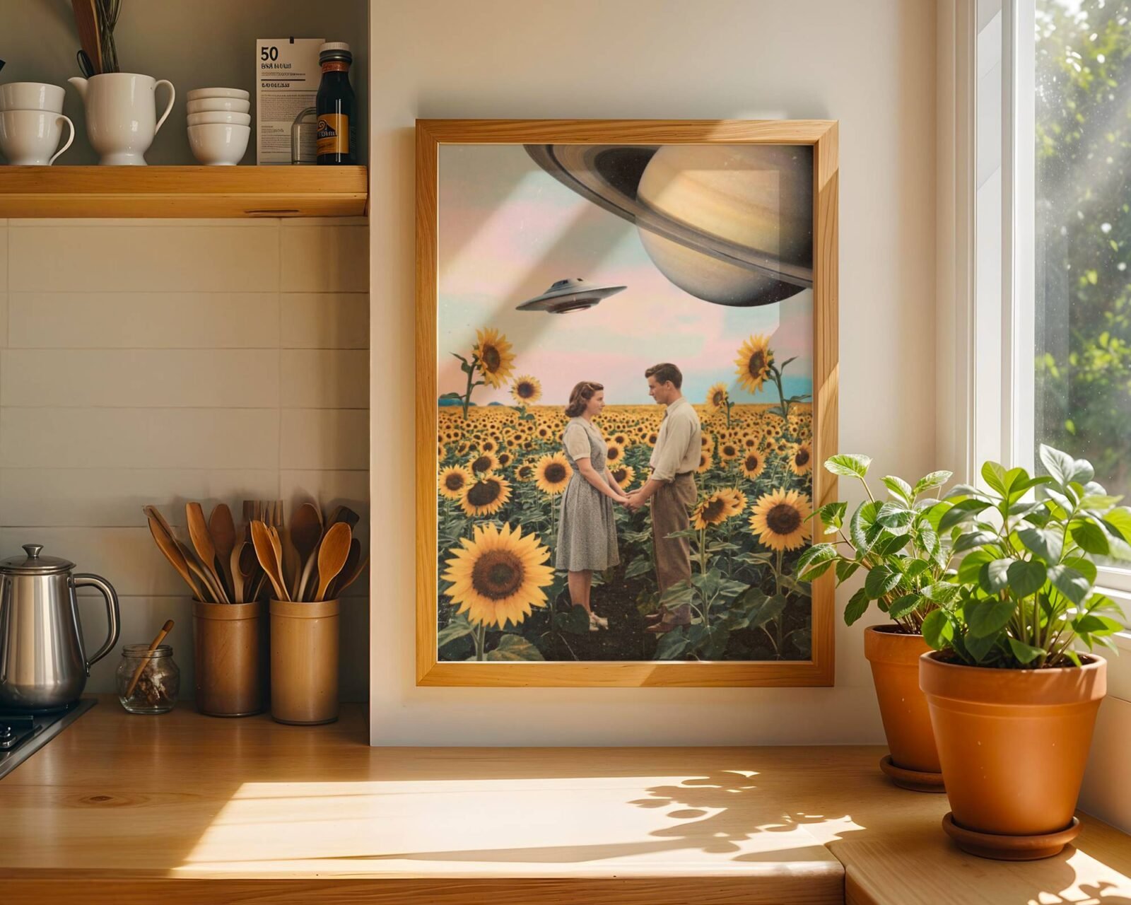 Soft warm vintage collage of a 1950s couple holding hands among vibrant golden sunflowers beneath a pastel sky with Saturn and a passing UFO — a warmly romantic and gently surreal funny kitchen wall art print – unframed retro romantic kitchen poster, ufoposter.com