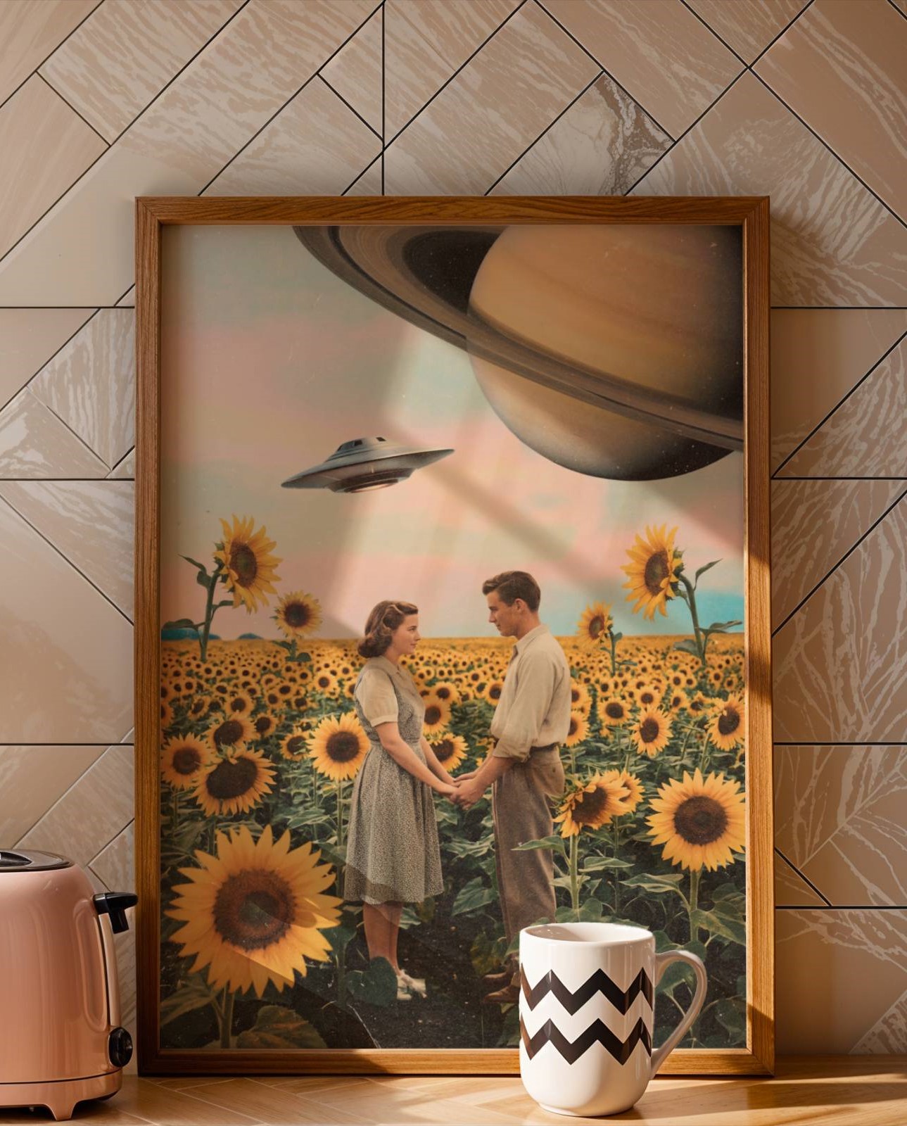 Warm pastel retro collage of a 1950s couple holding hands in a vast sunflower field beneath a soft pink sky with Saturn filling the corner and a UFO drifting past — a beautifully romantic and distinctive retro kitchen wall art print – unframed funny retro poster for kitchen, ufoposter.com
