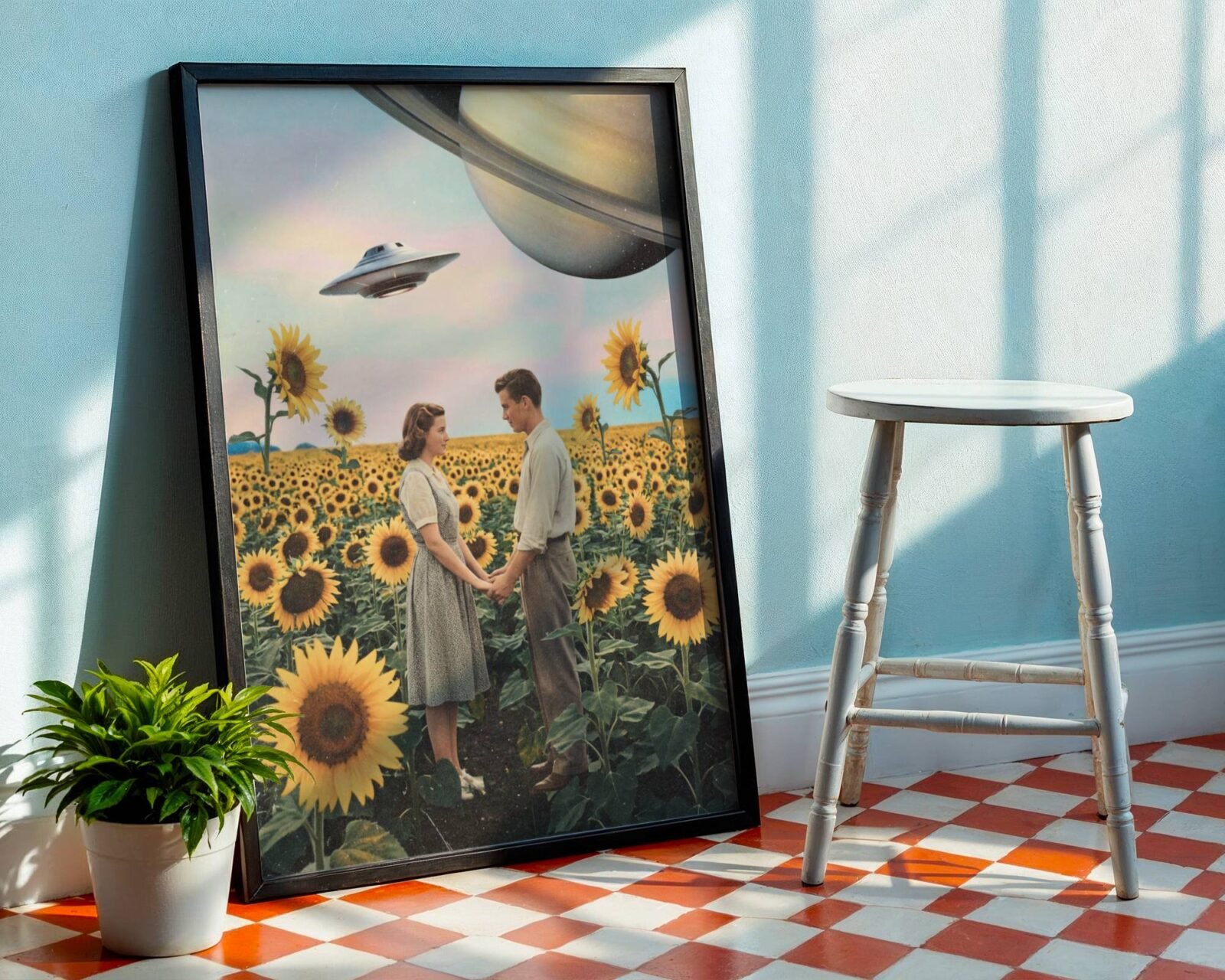 Warm pastel vintage retro collage of a young 1950s couple hand in hand in a vast golden sunflower field beneath a soft pink and blue sky with Saturn in the corner and a UFO passing above – unframed romantic retro collage wall poster, ufoposter.com