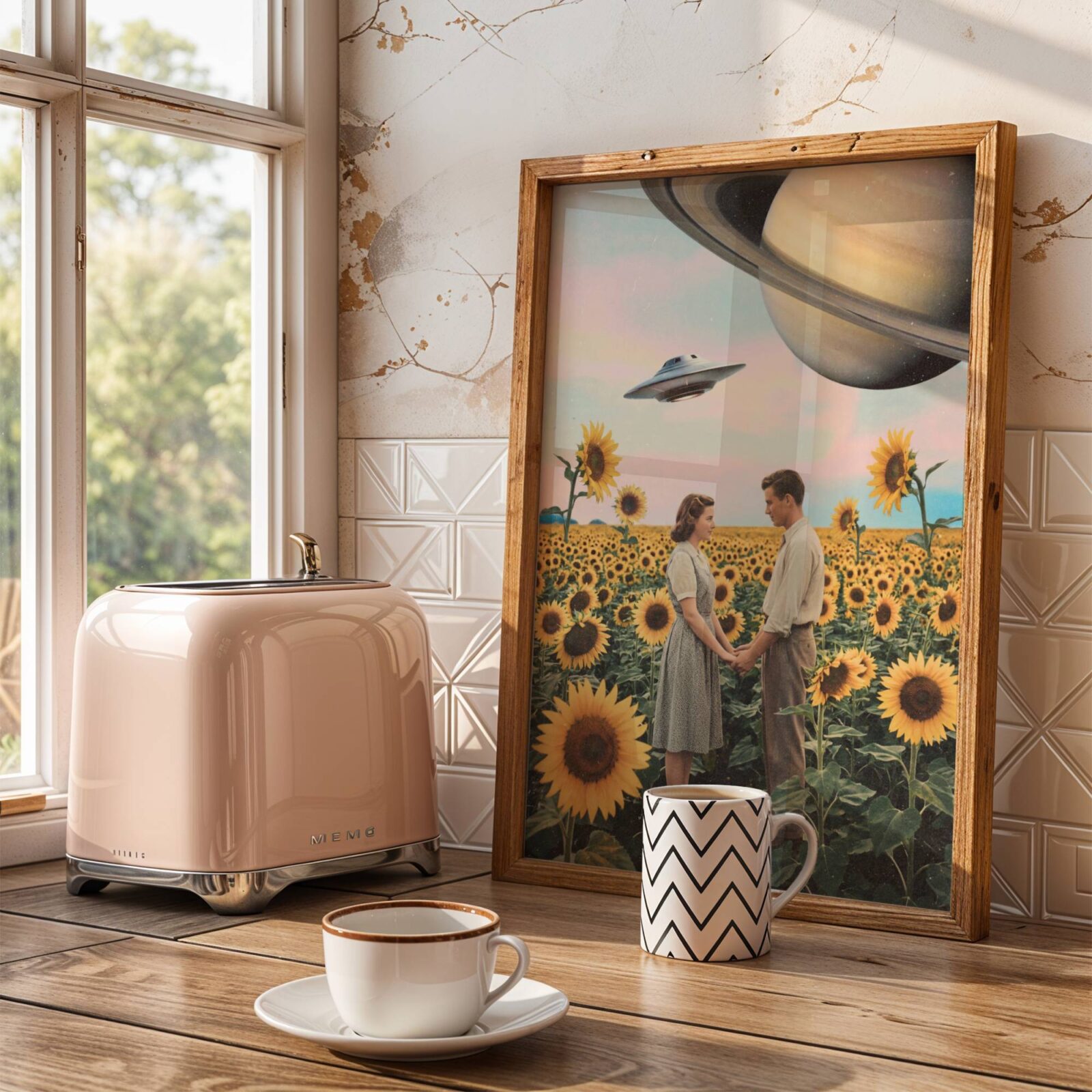 Warm pastel vintage retro collage of a 1950s couple hand in hand in a vast sunflower field beneath a pink and blue sky with Saturn in the corner and a UFO drifting past — romantic and joyful retro kitchen wall decor – unframed vintage collage kitchen poster, ufoposter.com