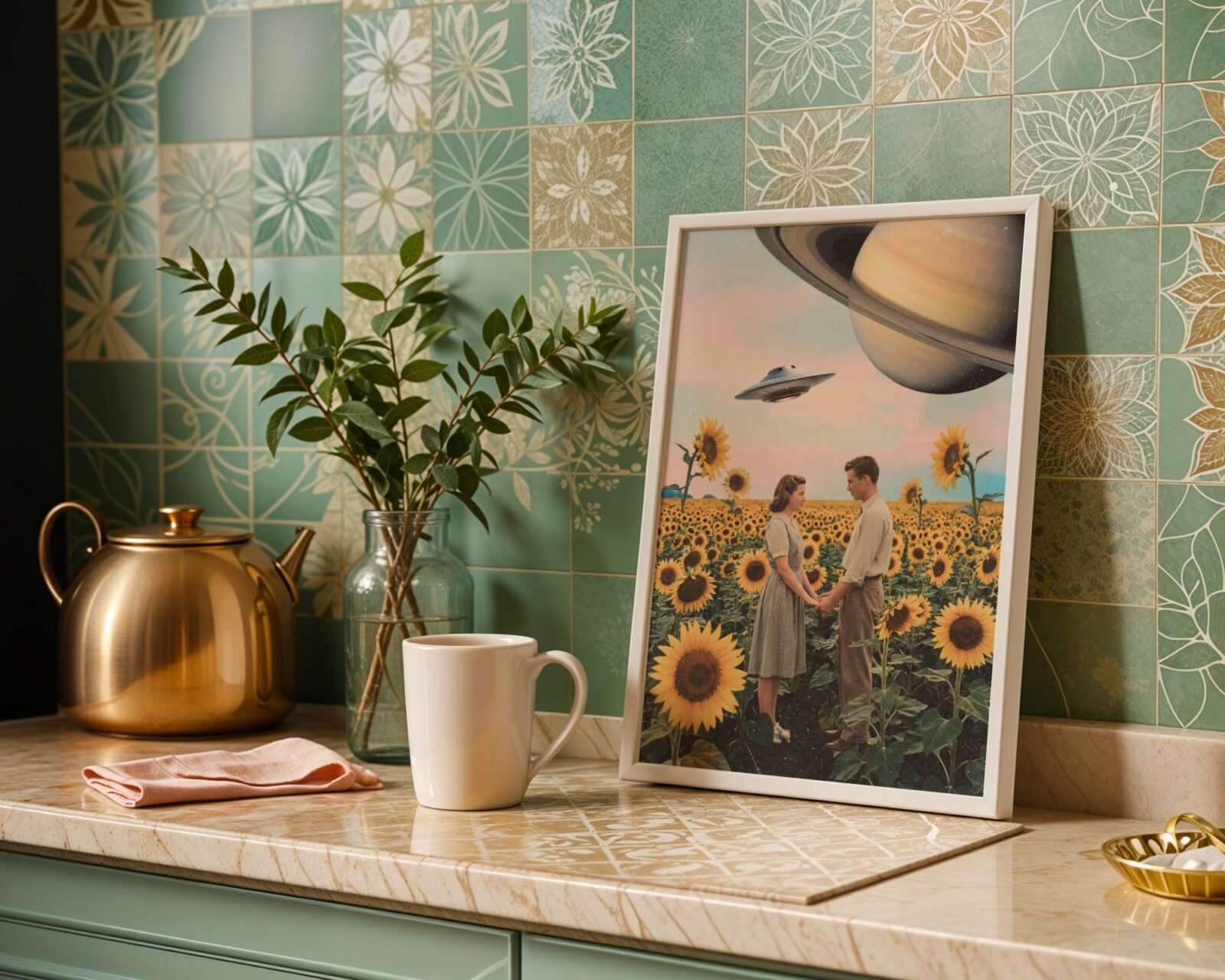 Warm pastel retro vintage collage of a young 1950s couple standing hand in hand in a golden sunflower field beneath a soft pink sky with Saturn filling the corner and a UFO drifting past — distinctive romantic retro kitchen wall art – unframed vintage retro kitchen poster, ufoposter.com