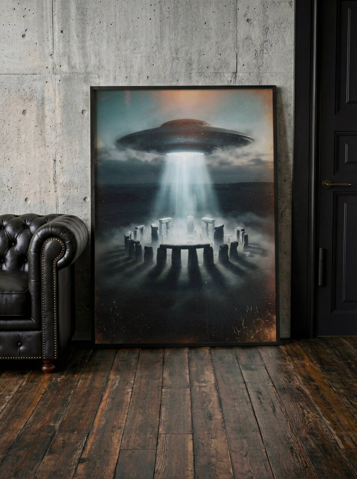 Dramatic dark retro artwork of a massive UFO hovering above the iconic Durdle Door limestone arch with a blinding blue-white beam through storm clouds, two glowing spacecraft visible through the arch over the churning Dorset sea — a hauntingly atmospheric Dorset bedroom wall art print – unframed retro UFO poster for bedroom, ufoposter.com