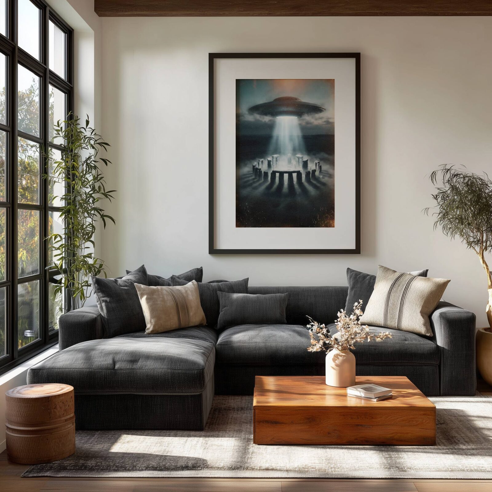 Cinematic dark retro artwork of a giant spacecraft beaming light through heavy storm clouds directly onto Stonehenge, mist swirling around the standing stones and a lone figure at the centre — a deeply atmospheric UK landmark wall art print for living rooms – unframed retro Stonehenge art for living room, ufoposter.com