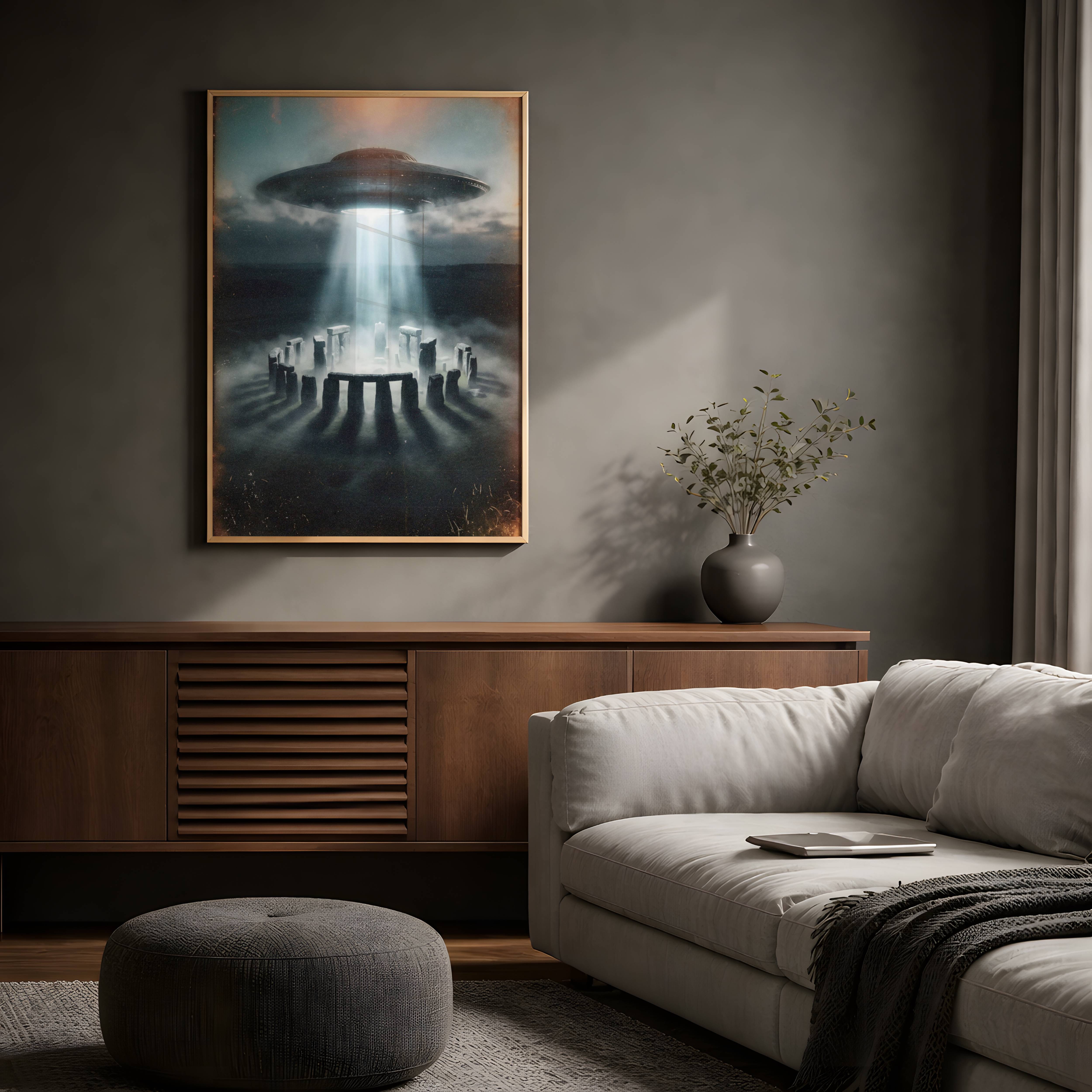 Dramatic dark retro artwork of a massive UFO hovering above Stonehenge with a blinding beam of white light pouring down through storm clouds onto the ancient mist-shrouded stone circle, a lone figure caught at the centre — a breathtaking Stonehenge wall art print for living room decor – unframed retro UFO poster for living room, ufoposter.com