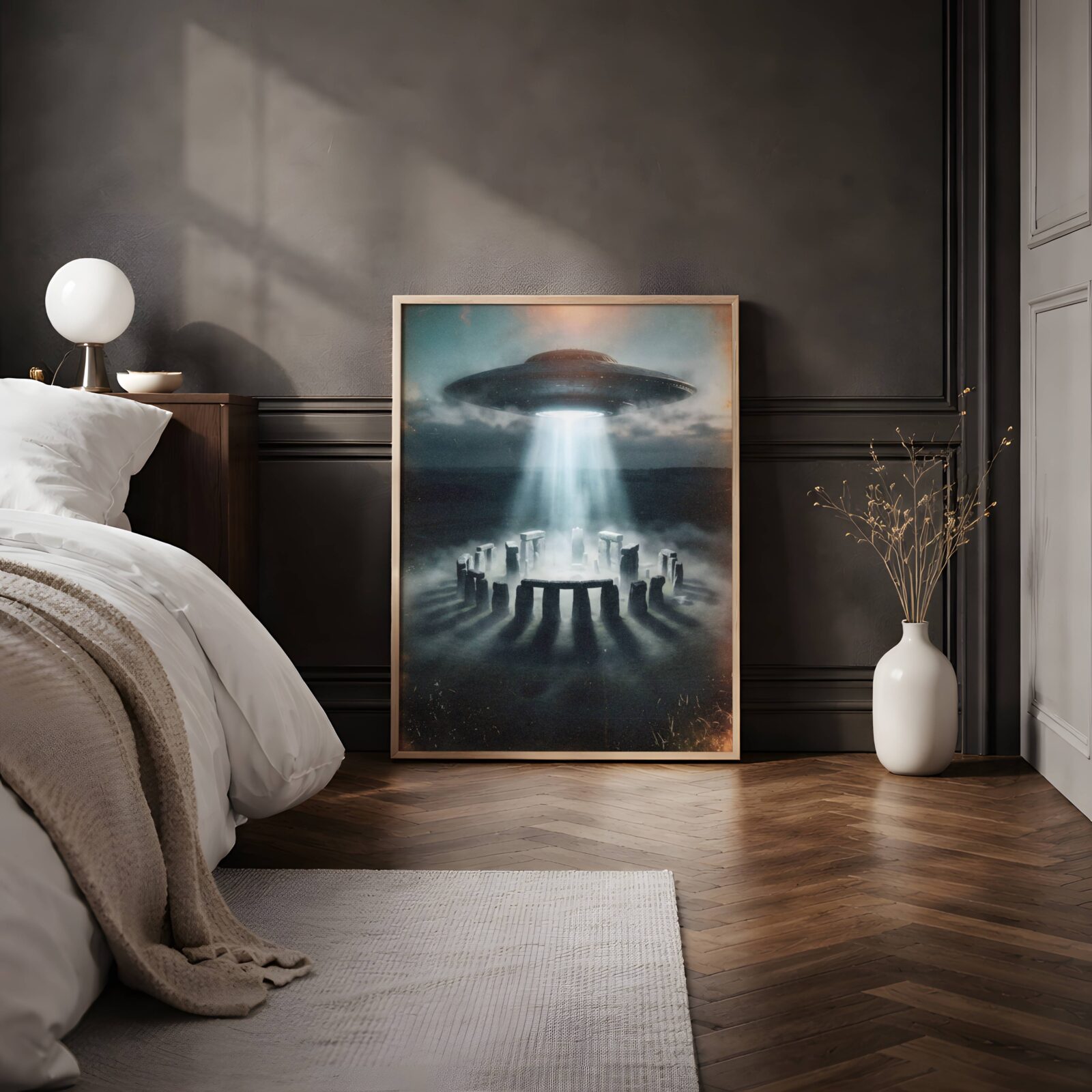 Dramatic dark retro artwork of a massive UFO hovering above Stonehenge with a blinding white beam through storm clouds, mist swirling around the ancient standing stones and a lone figure at the centre — a hauntingly atmospheric Stonehenge bedroom wall art print – unframed retro UFO poster for bedroom, ufoposter.com