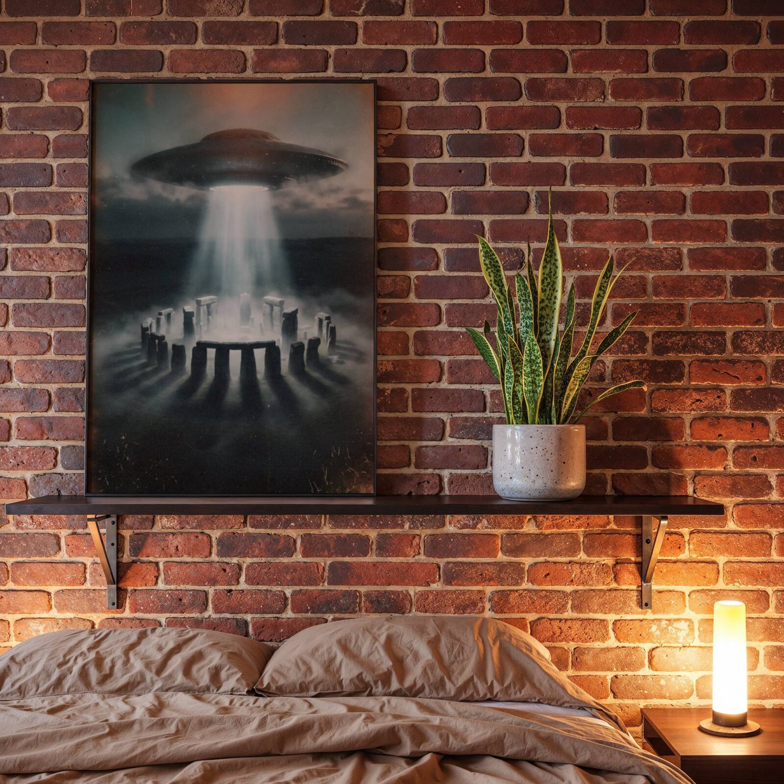 Cinematic dark retro artwork of a giant spacecraft beaming light through heavy storm clouds onto Stonehenge, mist rolling around the standing stones and a solitary figure caught in the light — a deeply atmospheric and unique UK wall art print perfect for bedroom decor – unframed retro Stonehenge bedroom poster, ufoposter.com