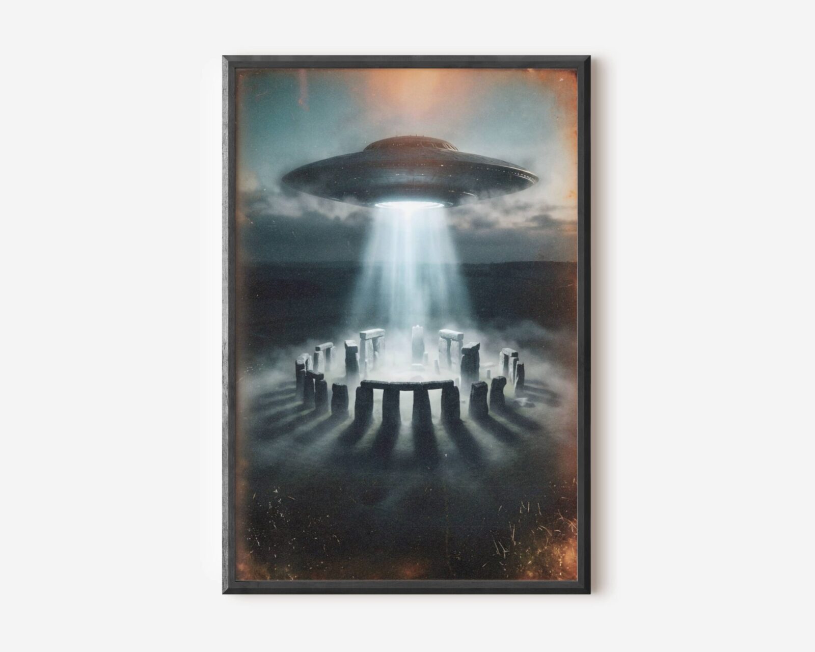 Premium dark retro sci-fi poster of a massive UFO hovering above Stonehenge with a blinding beam of white light pouring through heavy storm clouds onto the ancient mist-shrouded stone circle, a lone figure standing at the centre — dramatically atmospheric and uniquely British UFO wall art – unframed retro Stonehenge alien art poster, ufoposter.com