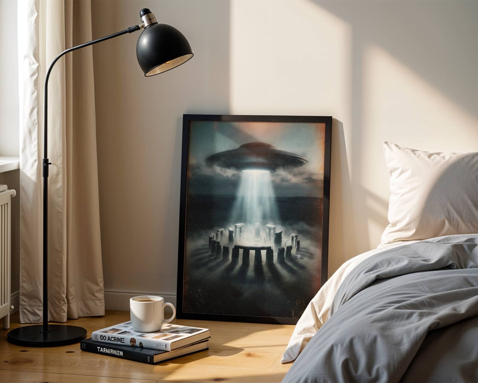 Breathtakingly dramatic dark retro artwork of a massive UFO above Stonehenge casting a blinding beam through storm clouds onto the misty ancient stone circle, a lone figure illuminated at the centre — a hauntingly cinematic Stonehenge poster perfect for dark and atmospheric bedroom decor – unframed retro sci-fi bedroom poster, ufoposter.com