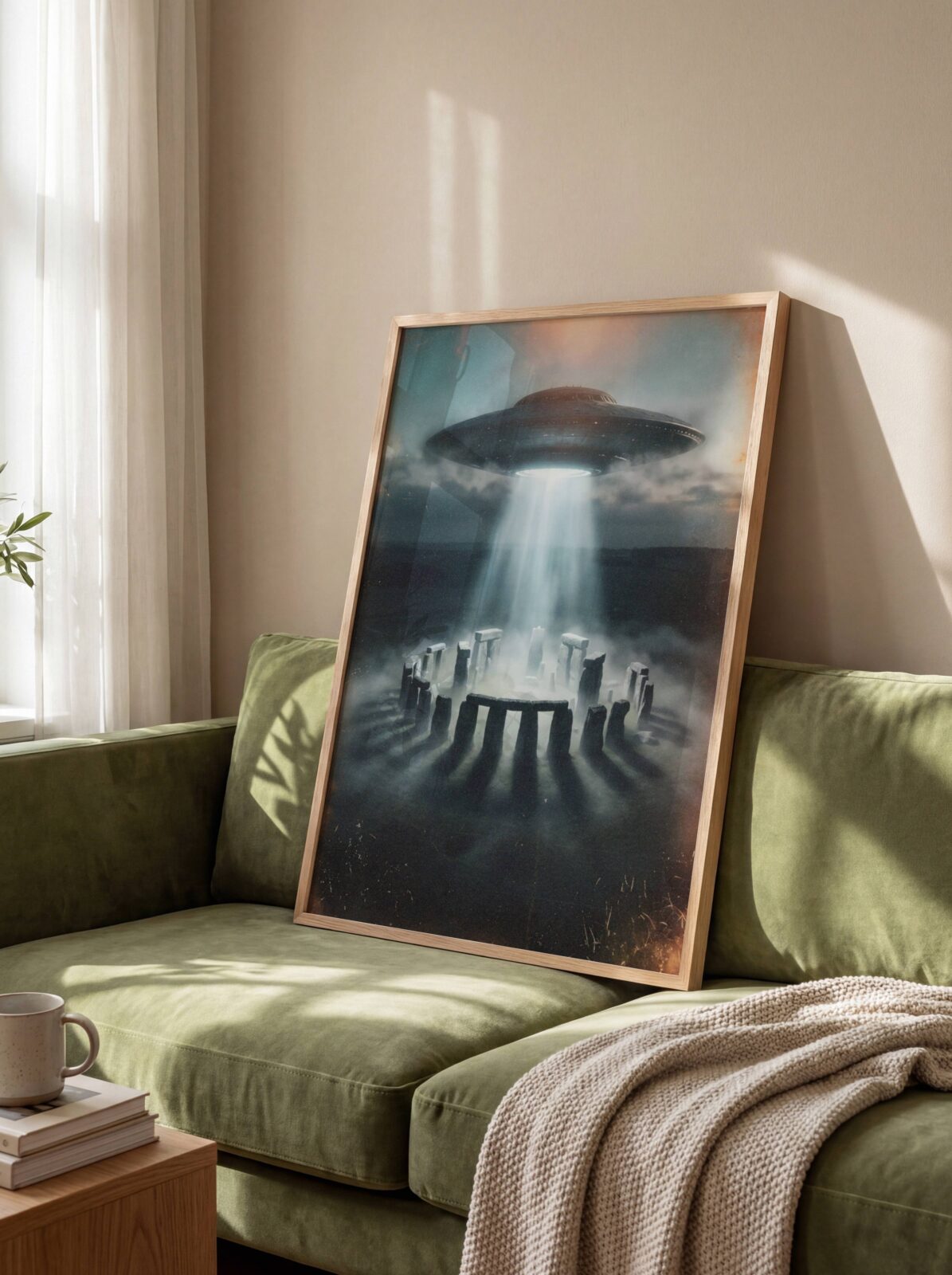 Striking dark retro artwork of a giant UFO beaming light from heavy storm clouds directly above the ancient standing stones of Stonehenge, mist rolling across the Wiltshire plain and a lone figure illuminated at the centre — a genuinely unique UK sci-fi wall art statement for any living room – unframed retro UFO Stonehenge living room poster, ufoposter.com