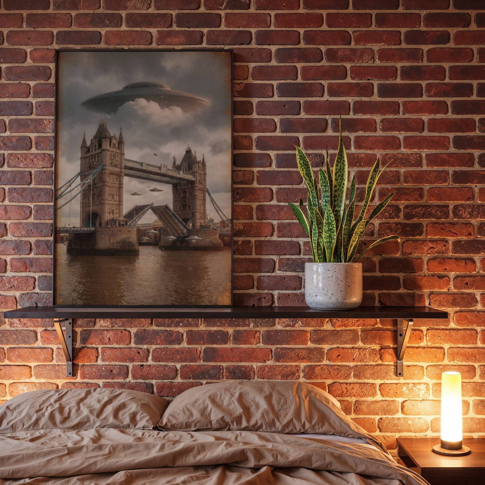 Dramatic warm golden retro artwork of a massive UFO hovering above Tower Bridge in stormy skies over the Thames, a second spacecraft passing through the open bascules and a third parked on the pier — a hauntingly atmospheric London bedroom wall art print – unframed retro UFO poster for bedroom, ufoposter.com