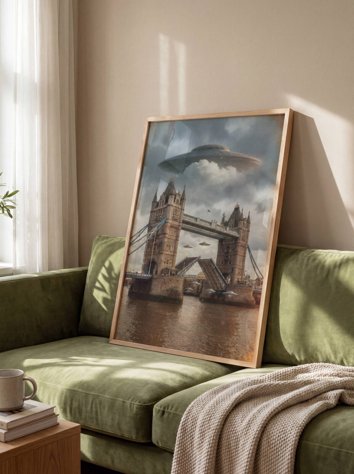 Striking warm golden retro artwork of a colossal UFO above Tower Bridge with two more spacecraft passing through and resting on the raised bridge over the Thames in dramatic storm clouds — a genuinely unique London sci-fi wall art statement for any living room – unframed retro UFO Tower Bridge living room poster, ufoposter.com