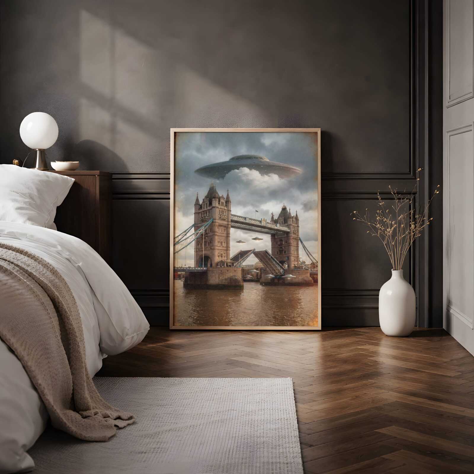 Breathtakingly dramatic warm golden retro artwork of a massive UFO above Tower Bridge in stormy skies, two smaller spacecraft passing through the raised bascules and resting on the pier over the glowing Thames — a hauntingly cinematic London poster perfect for bedroom decor – unframed retro sci-fi bedroom poster, ufoposter.com