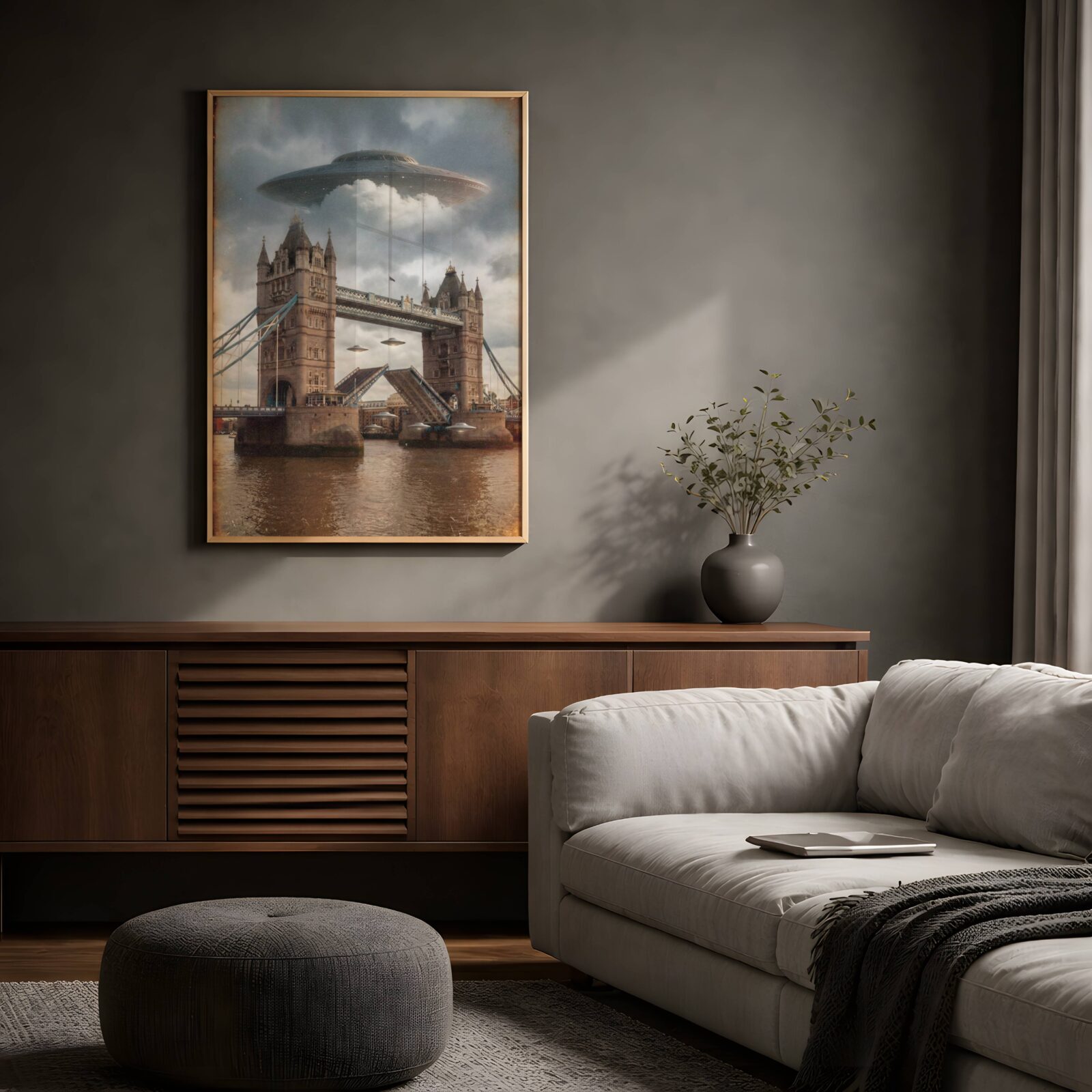 Dramatic warm retro artwork of a massive UFO hovering above Tower Bridge in stormy golden skies over the Thames, a second spacecraft passing through the open bascules and a third parked on the bridge pier — a breathtaking London wall art print for living room decor – unframed retro UFO poster for living room, ufoposter.com