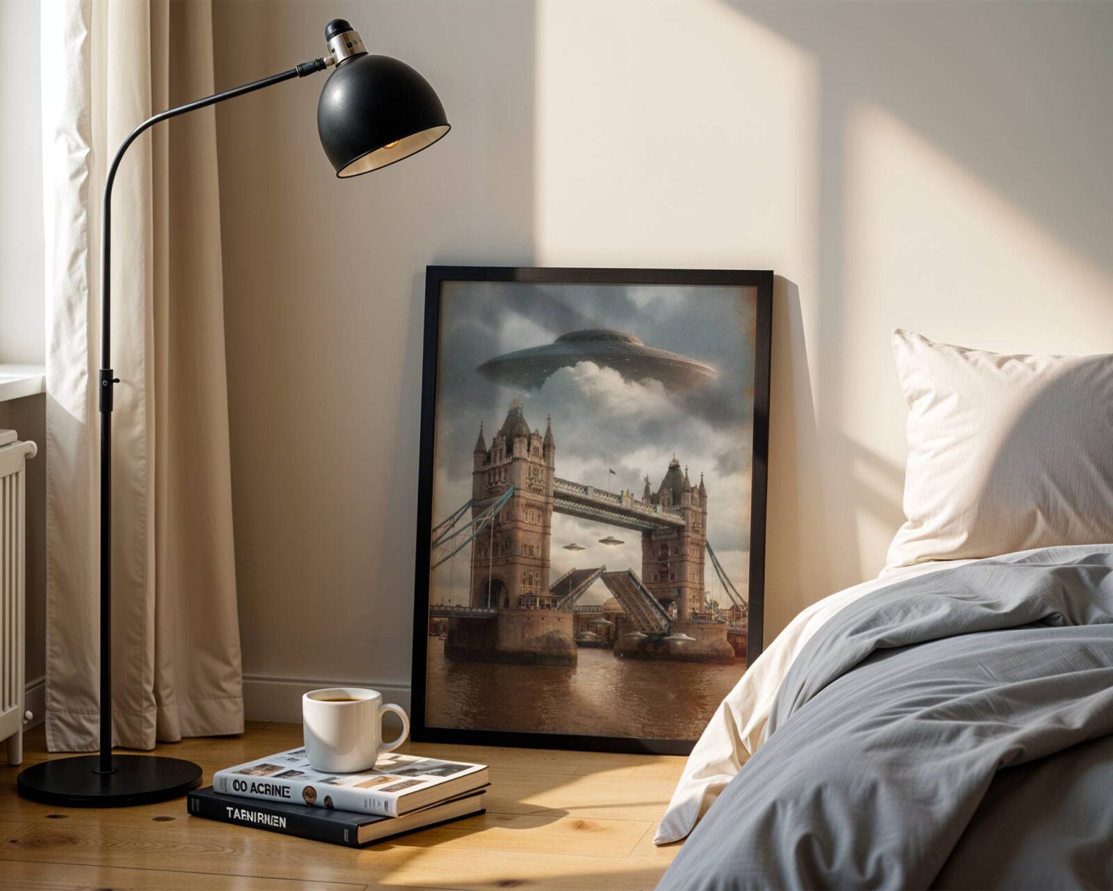 Cinematic warm retro artwork of a giant spacecraft above Tower Bridge in golden storm clouds, two more UFOs positioned through and on the iconic bridge over the glowing Thames — a deeply atmospheric and unique London wall art print perfect for bedroom decor – unframed retro Tower Bridge bedroom poster, ufoposter.com