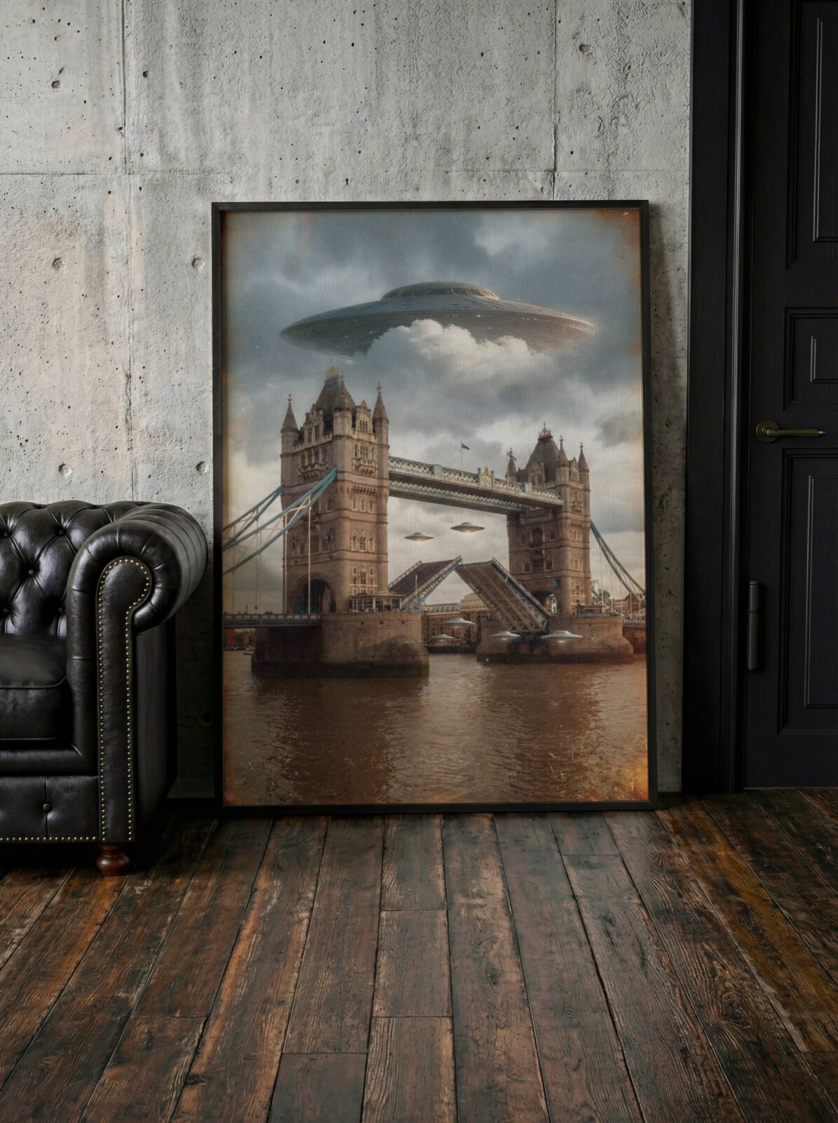 Deeply dramatic warm retro artwork of a massive UFO looming above Tower Bridge in golden stormy skies, two more spacecraft positioned through and on the iconic London river crossing as the Thames glows below — a stunning London poster perfect for living room decor – unframed retro sci-fi living room poster, ufoposter.com