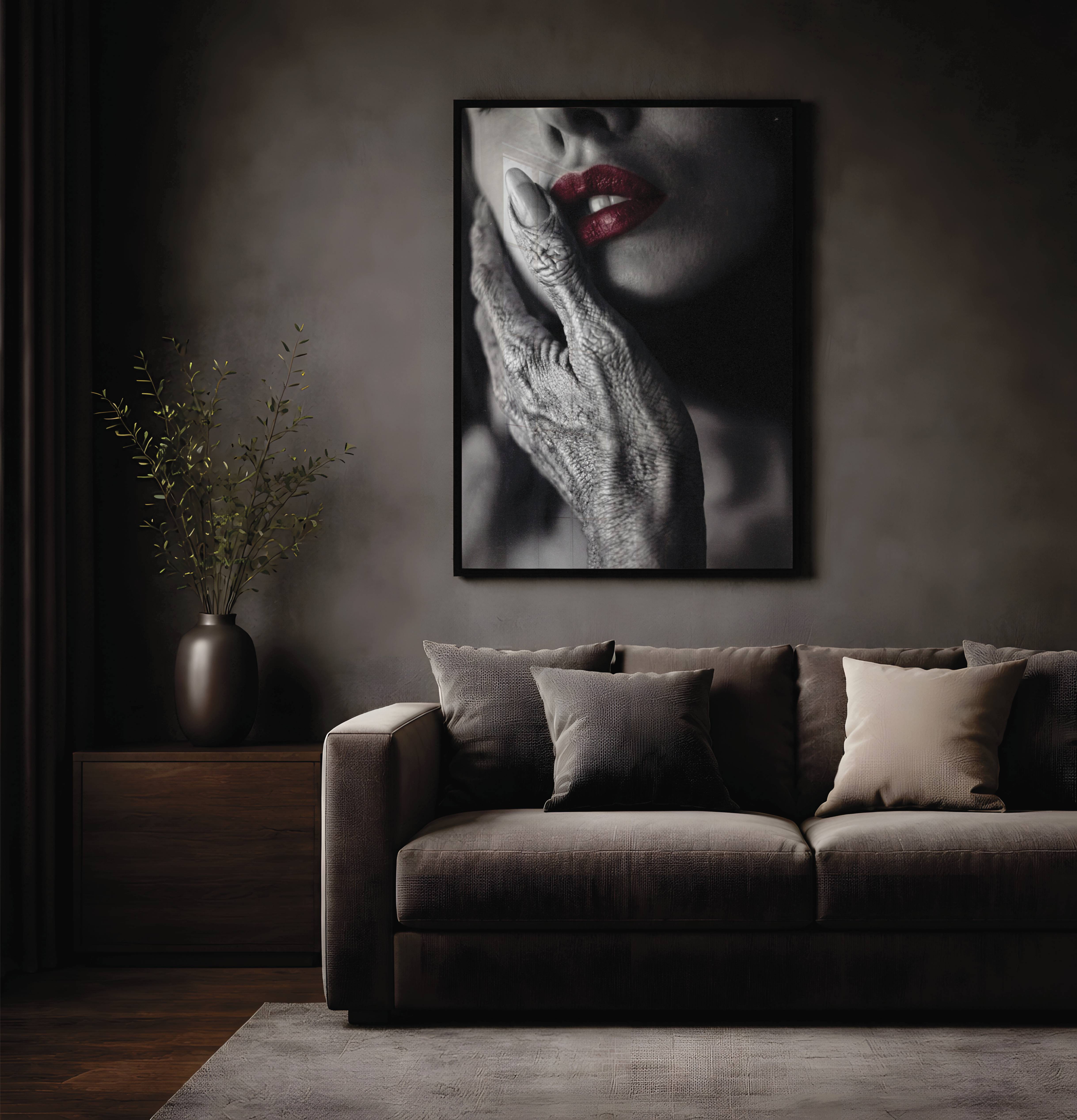 Cinematic dark monochrome close-up of a grey alien's textured hand resting against a woman's cheek, her vivid red lips the sole colour in a stark and deeply atmospheric black and white composition — distinctive dark living room wall art – unframed dark sci-fi art for living room, ufoposter.com