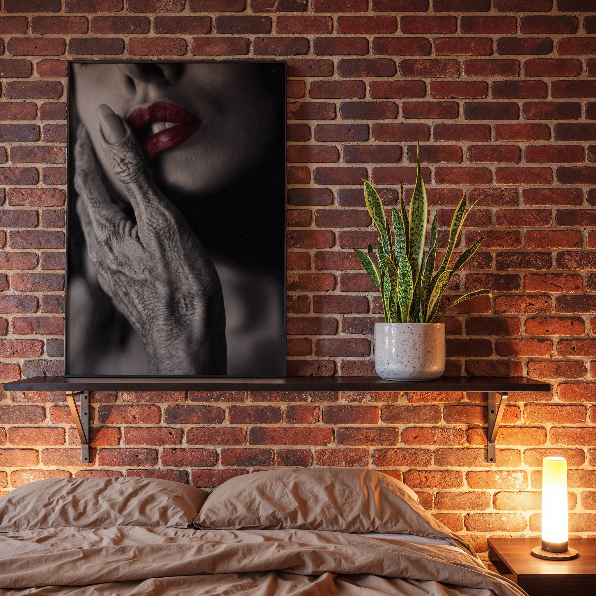 Intimate dark monochrome close-up of a textured grey alien hand resting gently against a woman's cheek, her vivid red lips the only colour in a stark black and white cinematic composition — a bold and atmospheric dark bedroom wall art print – unframed dark alien poster for bedroom, ufoposter.com