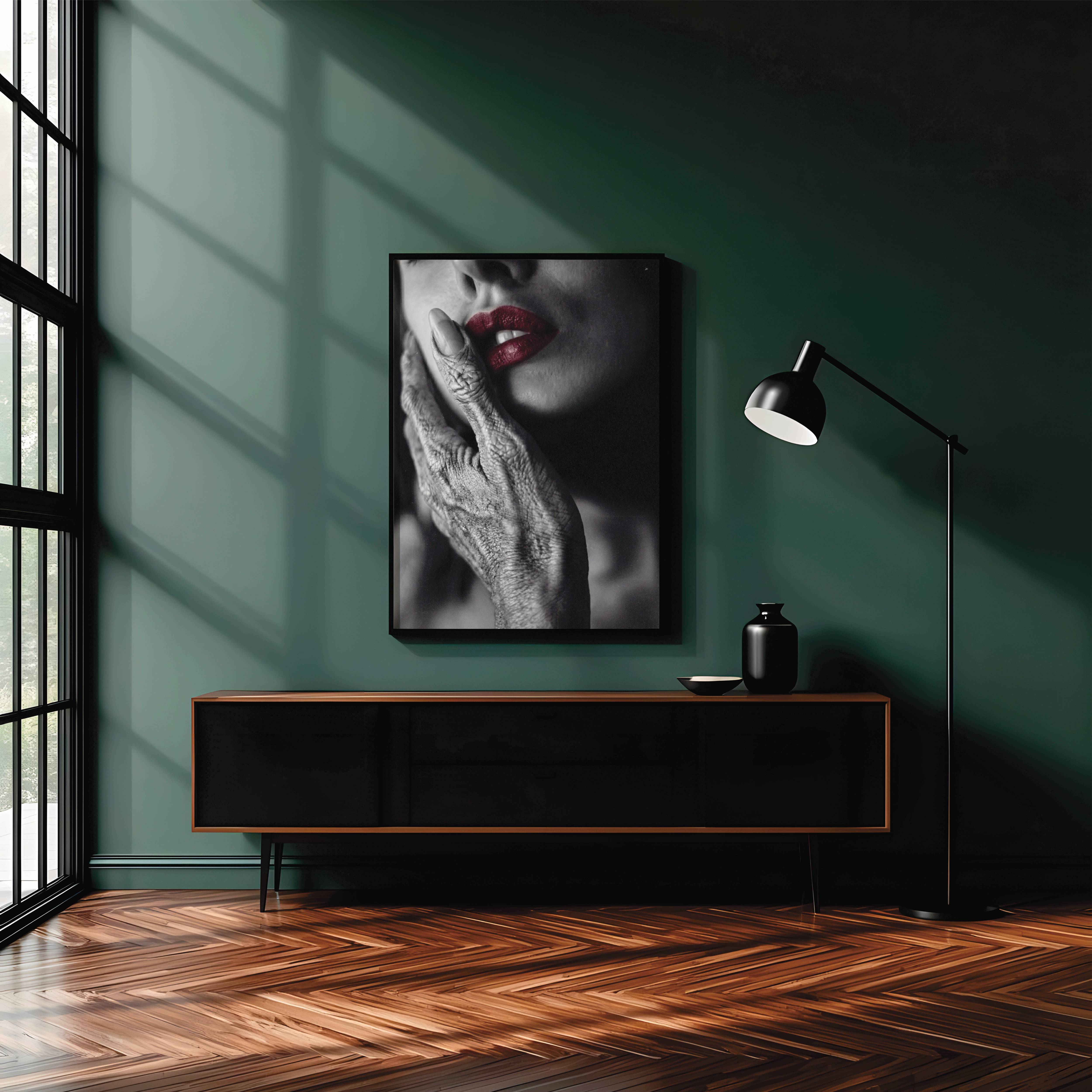 Dark cinematic monochrome close-up of a grey alien's deeply textured hand resting against a woman's cheek, vivid red lips burning as the only colour in a stark and atmospheric black and white alien portrait – unframed dark alien wall poster, ufoposter.com
