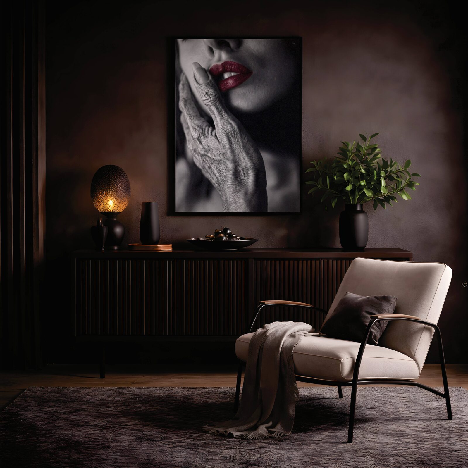 Striking dark monochrome close-up of a textured grey alien hand against a woman's cheek with vivid red lips as the only colour — a bold and sophisticated dark alien wall art statement print perfect for living room decor – unframed dark alien poster for living room, ufoposter.com