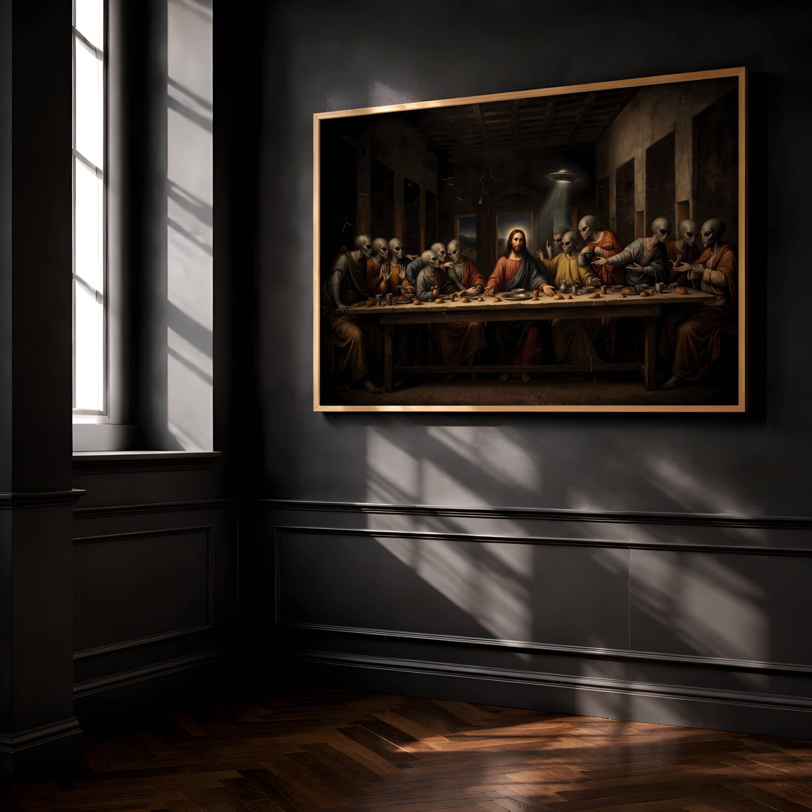 Dramatic dark oil-style painting of Christ at the centre of the Last Supper surrounded by twelve grey aliens in rust and ochre robes, animated alien gestures around the table and a UFO visible through the doorway in a starry night sky – unframed dark biblical sci-fi wall poster, ufoposter.com