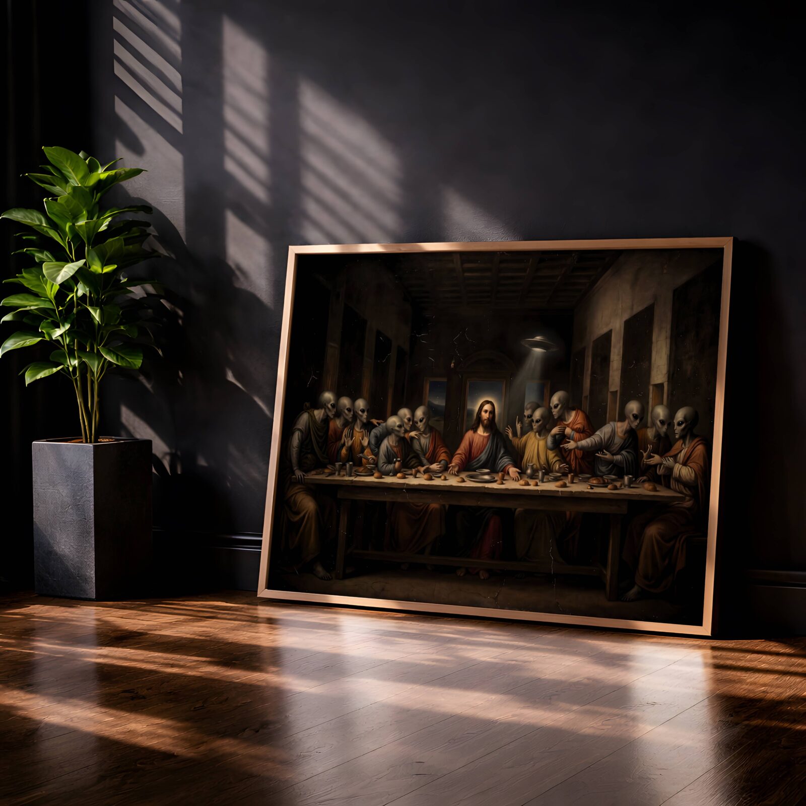 Haunting dark oil-style painting reimagining the Last Supper with grey alien disciples gathered around Christ at a long wooden table, cracked canvas texture and dark oil tones making it feel ancient as a UFO hovers through the open doorway above – unframed dark religious sci-fi art poster, ufoposter.com