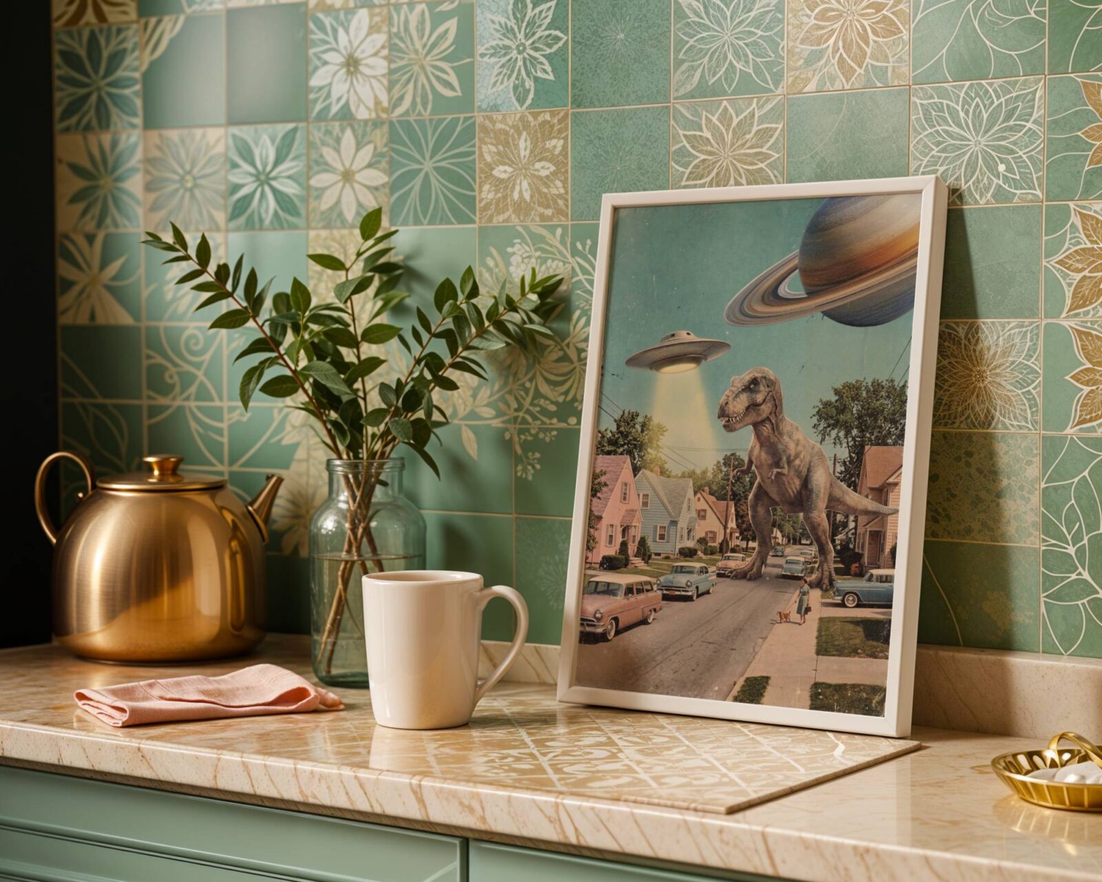 Striking bold retro collage of a giant T-Rex on a 1950s American suburban street, a UFO beam blazing above the rooftops and Saturn looming in the pastel sky — a genuinely unique retro kitchen wall art statement print – unframed vintage retro kitchen poster, ufoposter.com